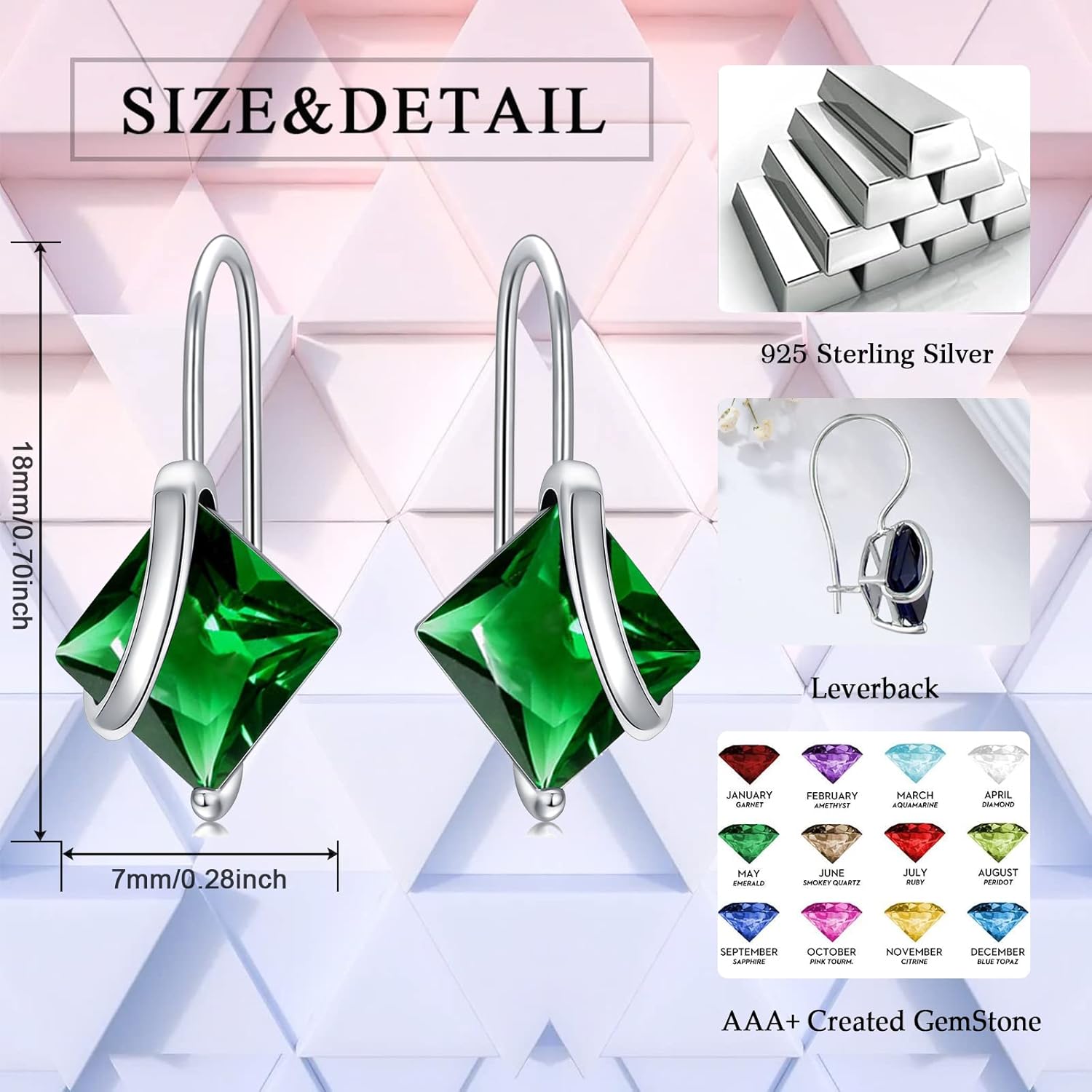Seiyang Birthstone Earrings for Women 925 Sterling Silver Princess Cut/Heart Leverback Dangle Drop Earrings Birthday Anniversary Jewelry Gift for Women Girls - Image 3