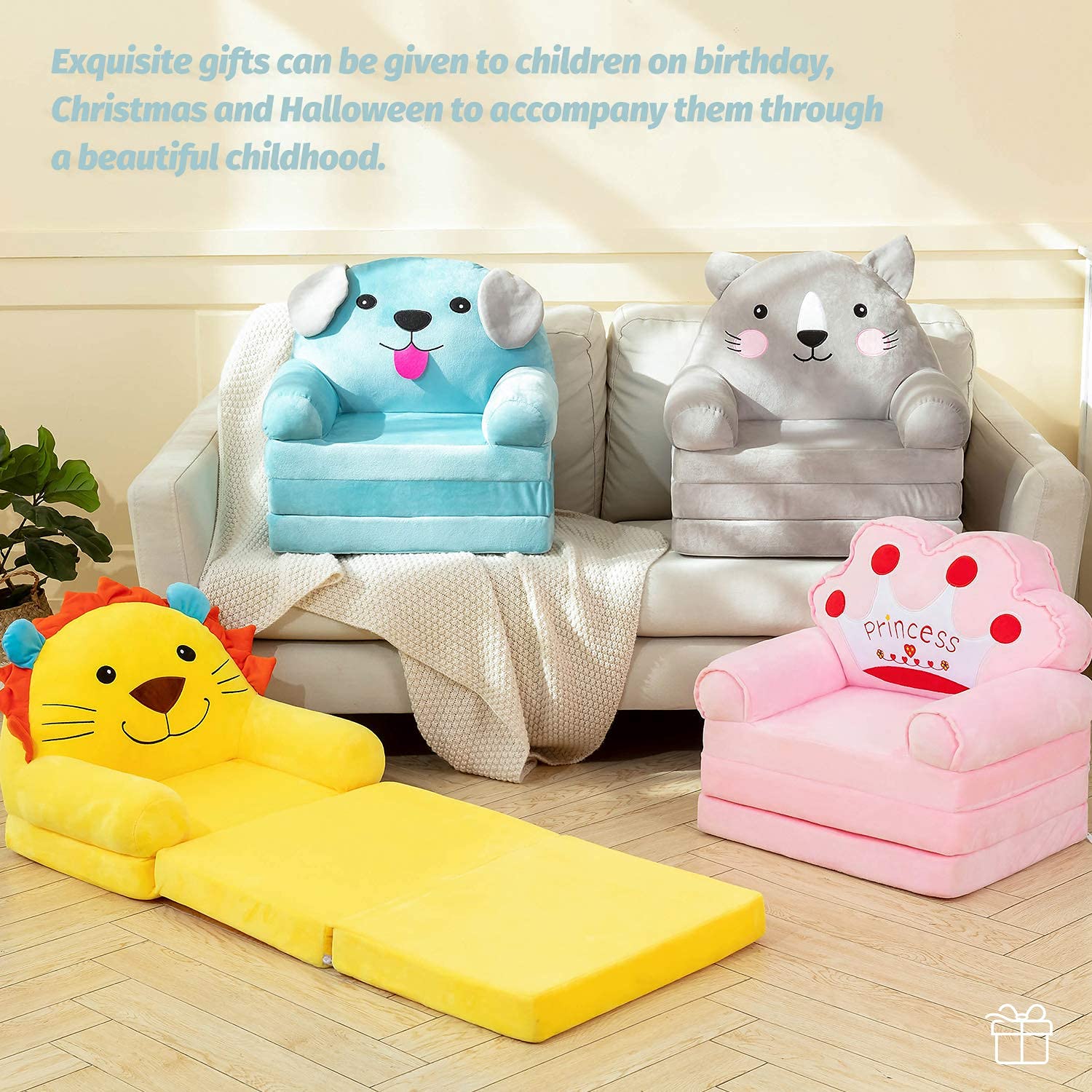 BYBYME - Sedia pieghevole per bambini di 1-3 anni, poltrona carina, divano pieghevole adatto per la sala giochi e la camera da letto (cane blu)