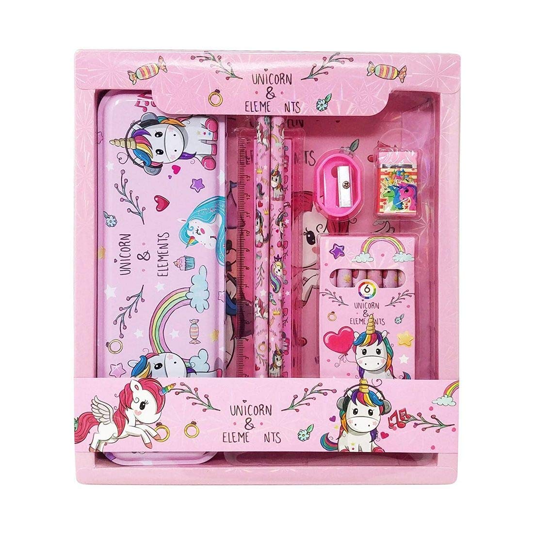 Arpit Mart Set for Girls Boys - with Pencil case, Two Pencil, Eraser, Scale, Sharpener and Crayon Stationery Gift Set for Kids Return Gift(Pink)