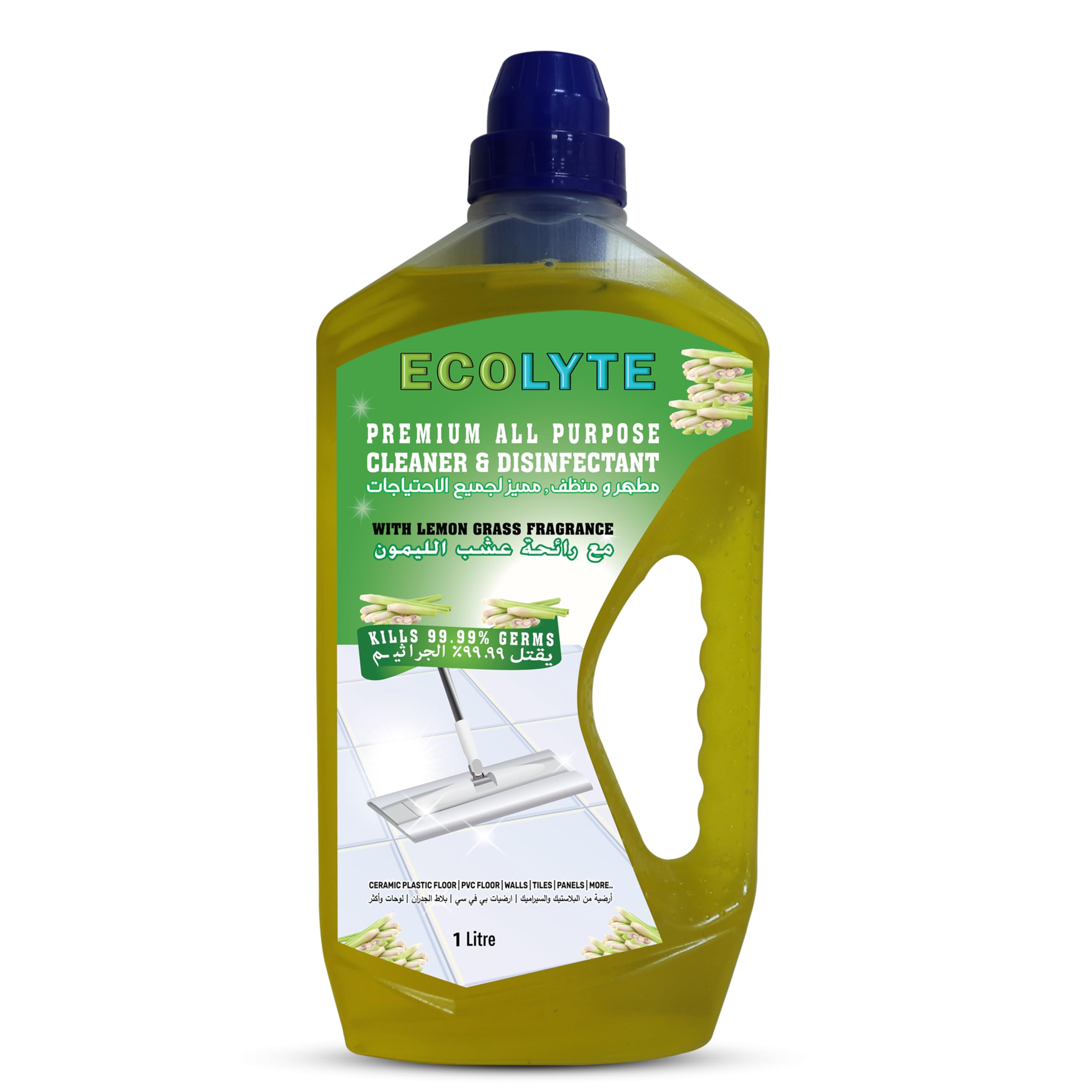 ECOLYTE+ Floor Cleaner, Premium All Purpose Cleaner Plus Disinfectant, for Hospital, Home, Office & Commercial Use for Dirt, Stains & Germs, Floor Cleaning (Lemon Grass, 1 Liter)