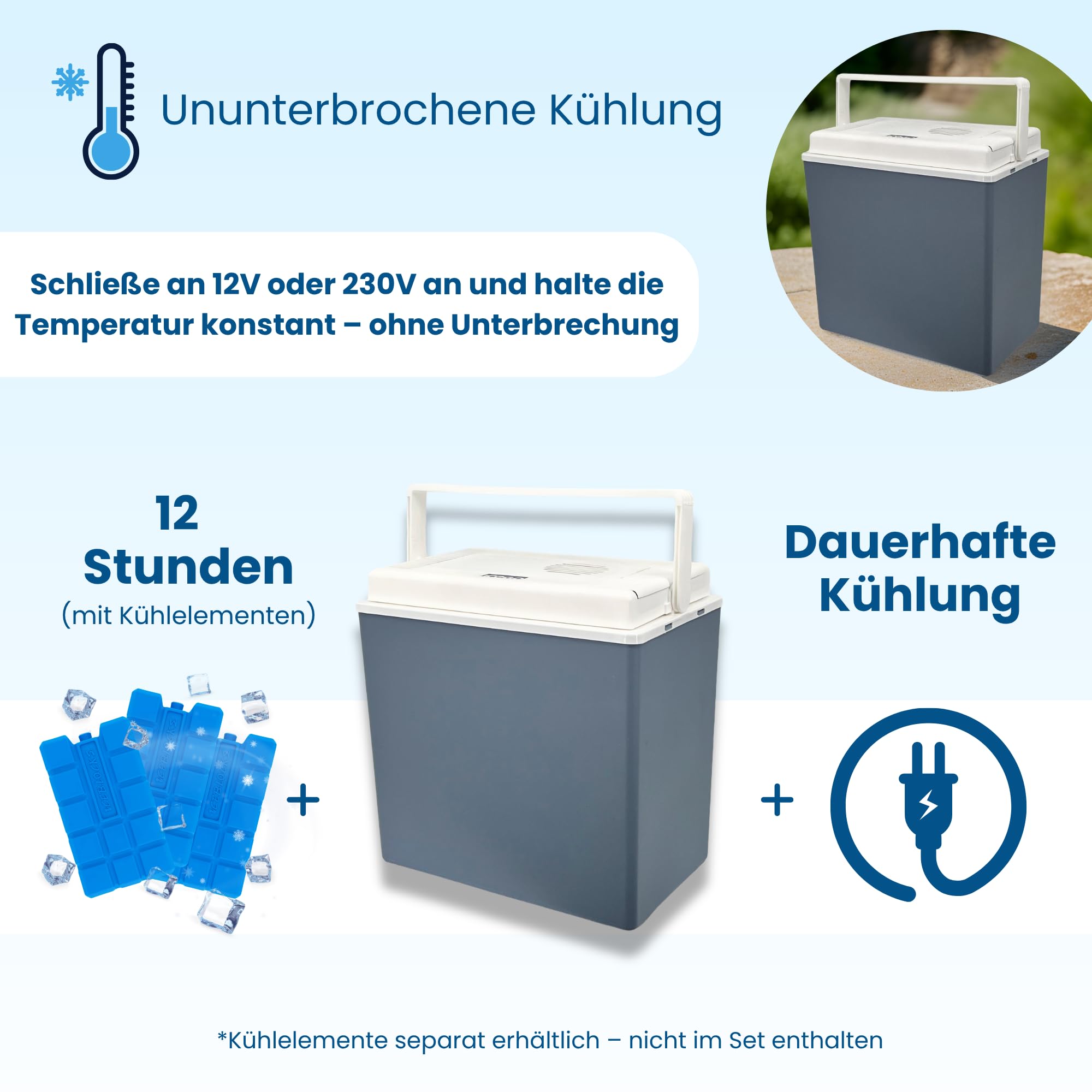 Elektrische Kühlbox 24L – Thermobox, Eisbox, Camping Kühlschrank, Kühltruhe, 12V/230V für Auto, Steckdose, Wohnmobil, tragbar, leise, kühlt & wärmt, für Reisen & Picknick, Made in EU - Kamai Coolbox