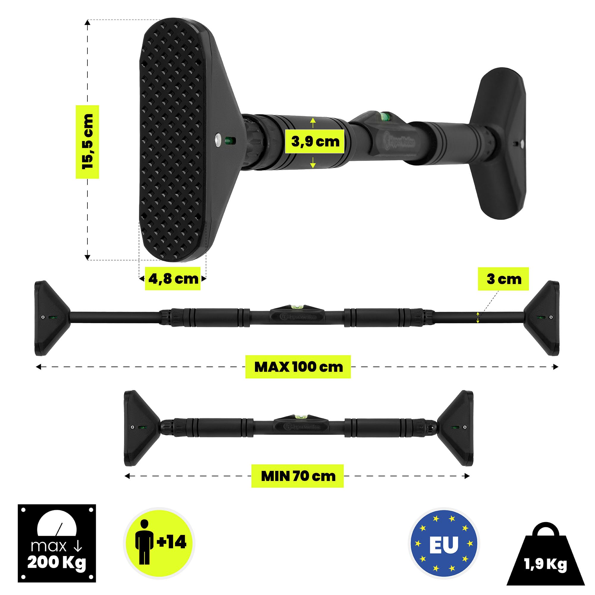 HyperMotion Asta di espansione, regolabile 70-100 cm, portata 200 kg, senza foratura, supporti in schiuma NBR, livella integrata, punte TPR, nero