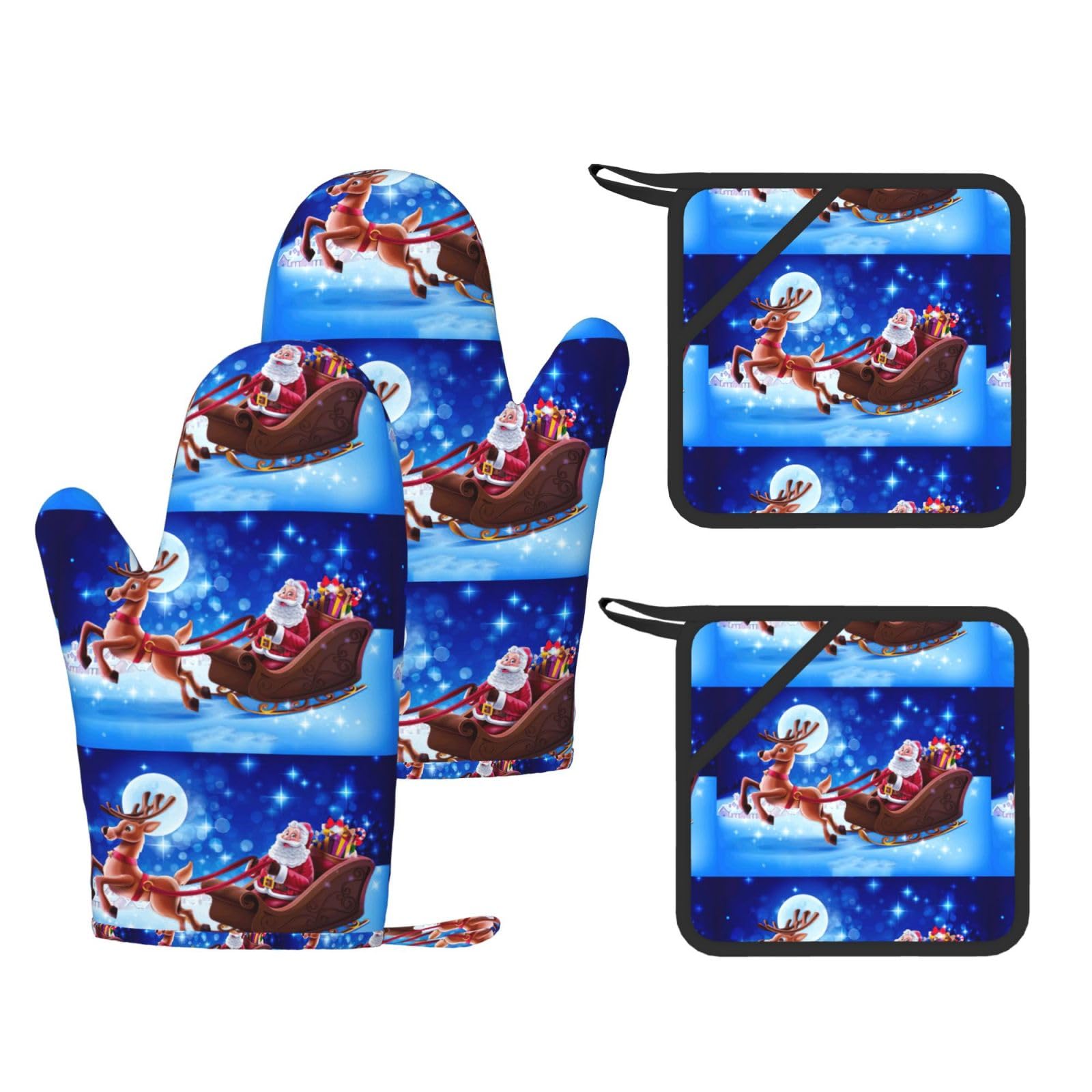 Christmas Santa Deer Printed Oven Mitts and Pot Holders Set of 4, Heat Resistant Silicone Gloves for Baking Grilling