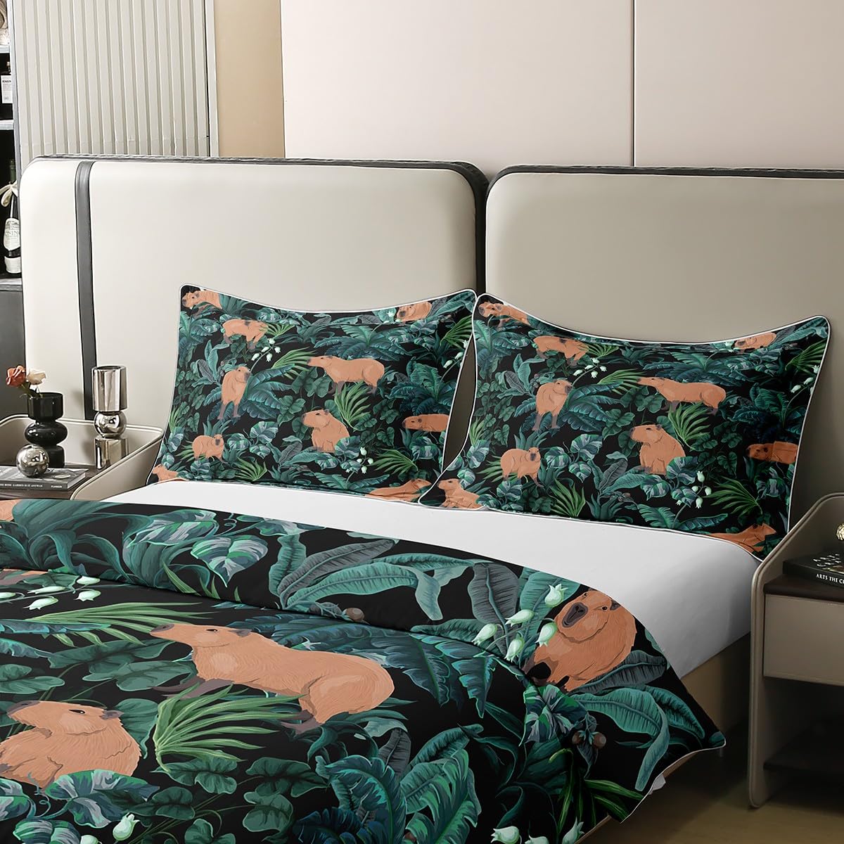 Homewish Funny Capybaras 100% Cotton Duvet Cover Single,Cartoon Capybara Stuffed Animals Comforter Cover,Tropical Palm Tree Leaves Bedding Set,Hawaiian Green Summer Quilt Cover Soft Breathable 2Pcs - Image 4