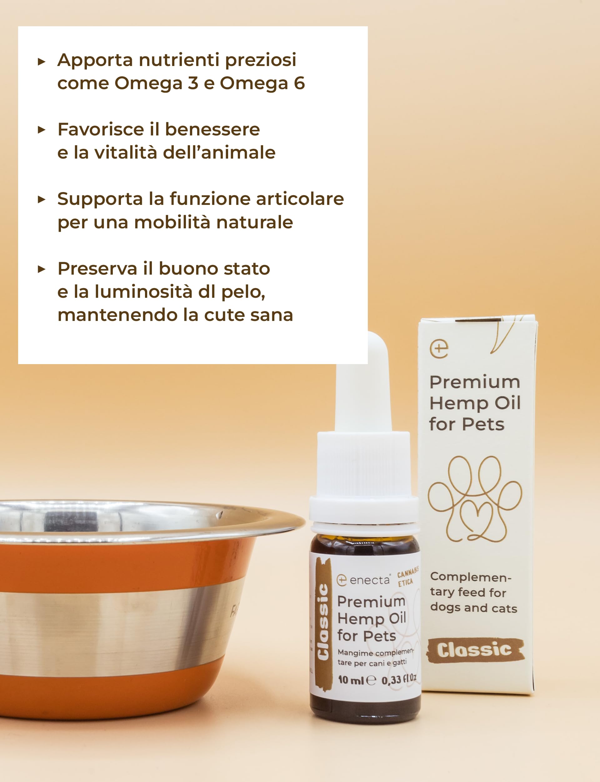 Enecta Pet Oil - Aceite de semillas de cáñamo para perros y gatos - Puro prensado en frío - Omega 3 y 6 - Bienestar diario - Fórmula nutracéutica - Bote de 10 ml