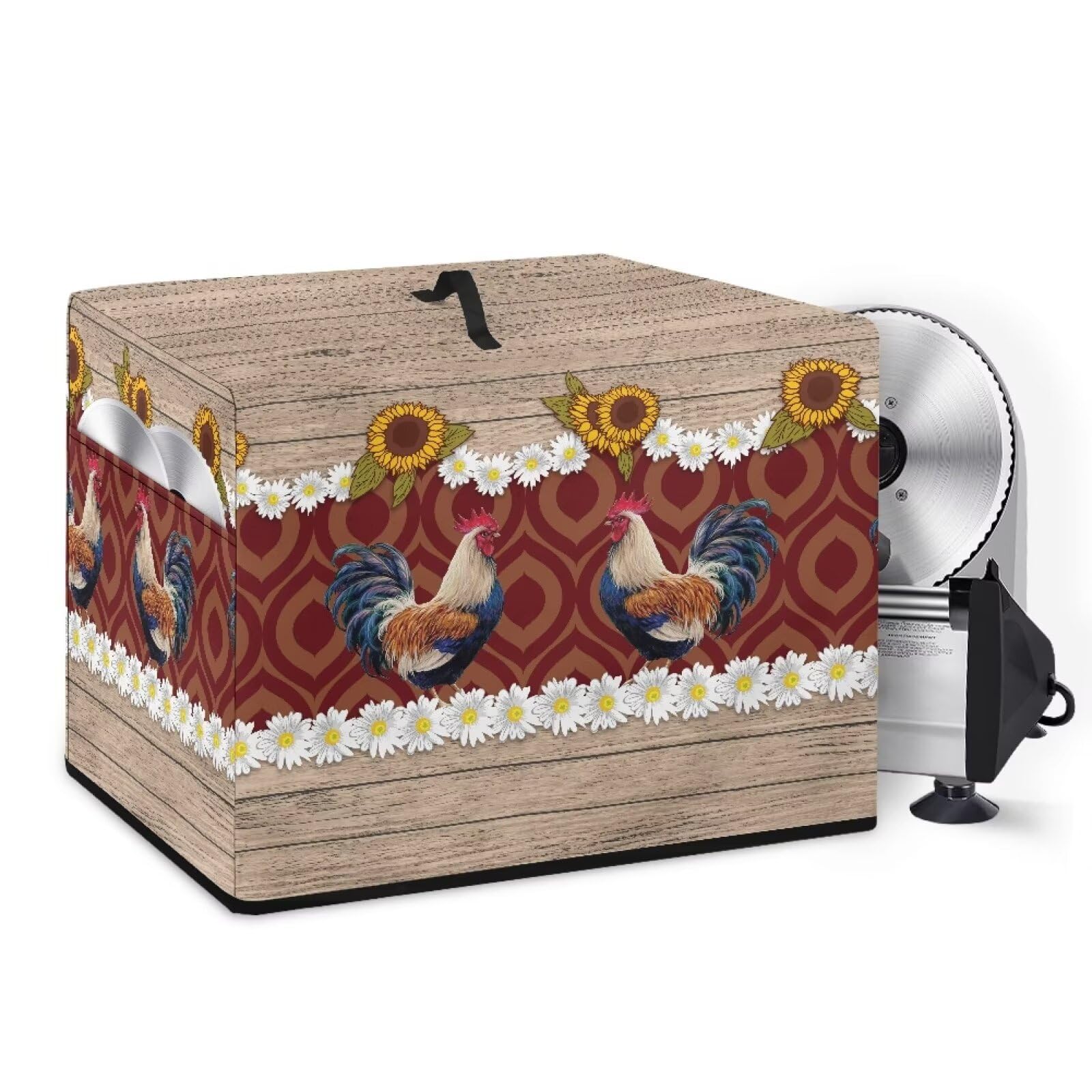 NETILGEN Meat Slicer Cover Large Deli Food Slicer Machine Dust Cover Waterproof Dust-Proof Durable Cheese Bread Cutter Cover Case for Home Kitchen Decoration, Rooster Sunflower Wood Grain