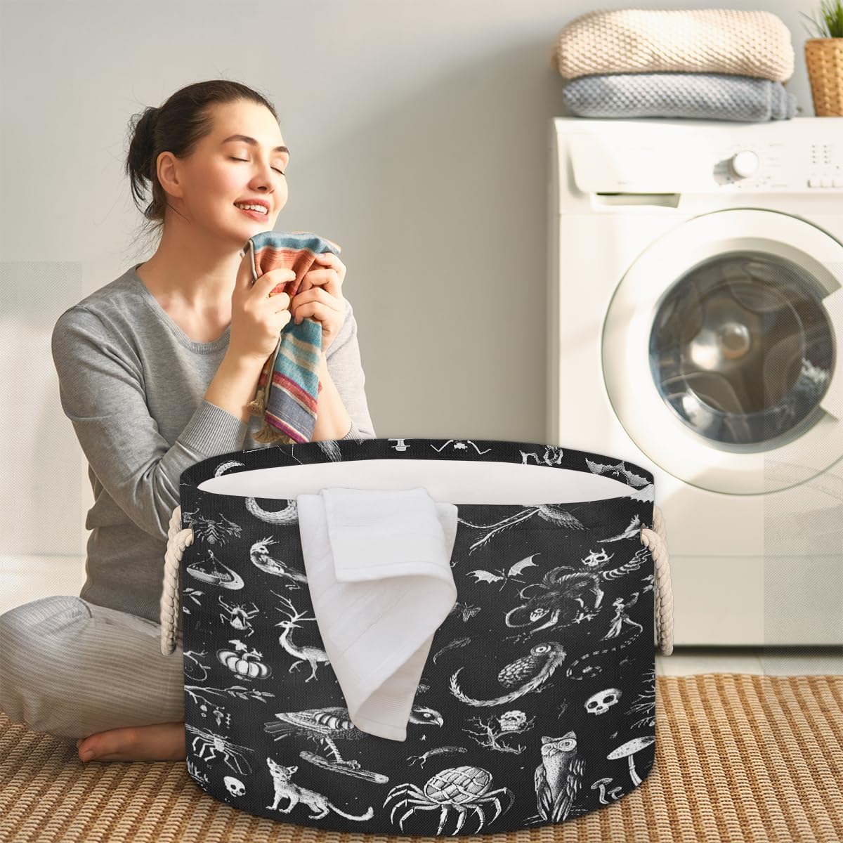 Large Round Laundry Basket Animal Skull Moon Toy Bins Organizers and Storage for Girls Canvas Collapsible Blanket Storage Basket Laundry Hamper Gift Baskets Bedroom Clothes Children Nursery