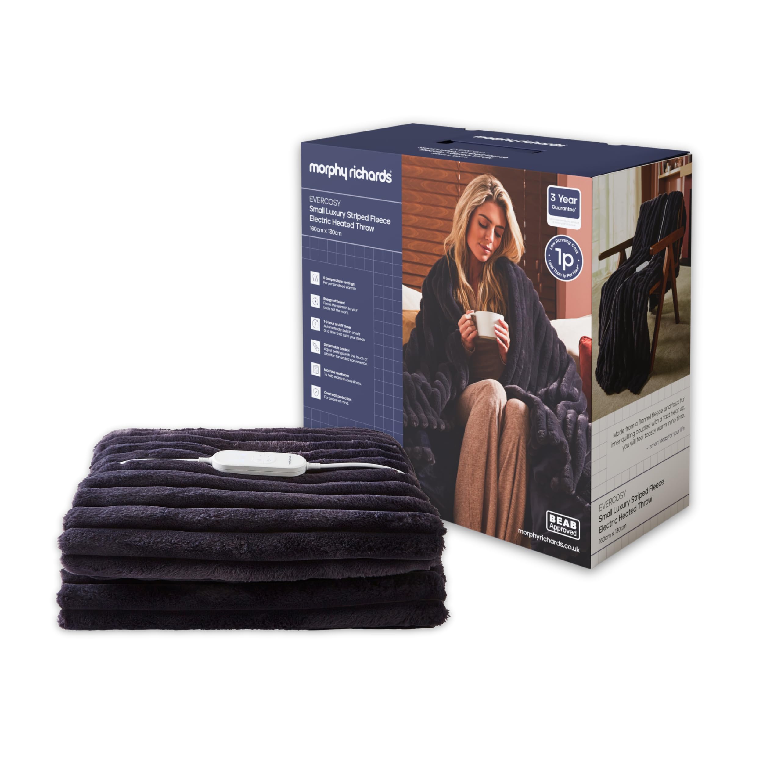 Morphy Richards EverCosy Luxury Striped Fleece Electric Heated Throw, 160x130cm, 9 Heat Settings, Detachable, Teddy and Flannel Fleece, Overheat Protection, Auto Shut Off, 610102