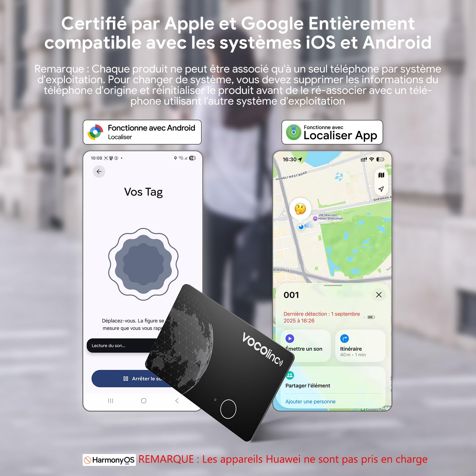 VOCOlinc Double Système Air Tag Carte Lot de 2, Rechargeable Wallet Tracker Compatible avec l'application Android Google Localiser ou iOS Apple Localiser, Localisateur pour Portefeuille/Bagages/Sacs