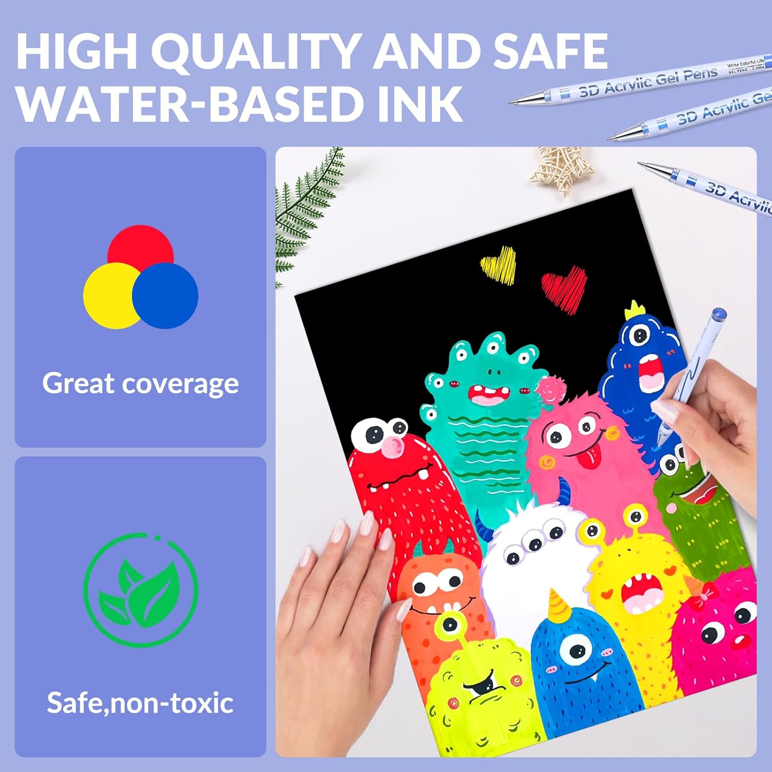 KEMYR 3D Acrylic Gel Pen,48 Colors gel Pens With 1mm Bullet Tip Point, Acrylic Paint Pens for Black Paper,Rock Painting, Glass, Wood, Fabric,Cards,Scrapbook,DIY Art Crafts