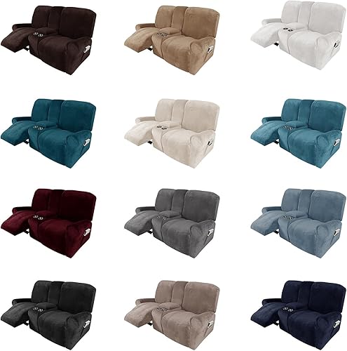 Miniatura 8 de cjc Sofá biplaza reclinable con funda de consola central, fundas de sofá reclinable de terciopelo de 8 piezas, fundas de sofá reclinable de 2