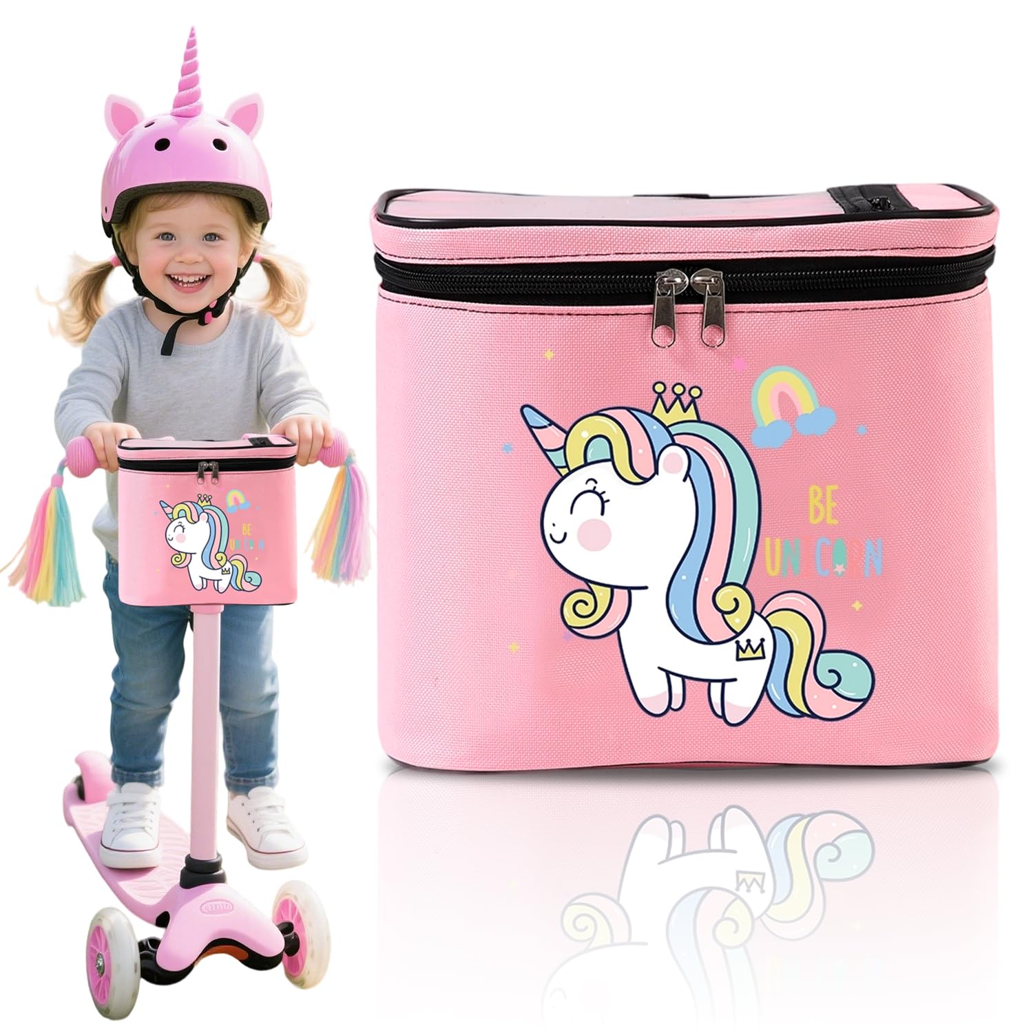 Bolsa de Manillar para Niños, Unicornio Cesta Bicicleta Delantera, Impermeable Accesorios de Triciclos Cesta Equilibrio Niña para Patinetes, Bicicletas de Equilibrio, Triciclos