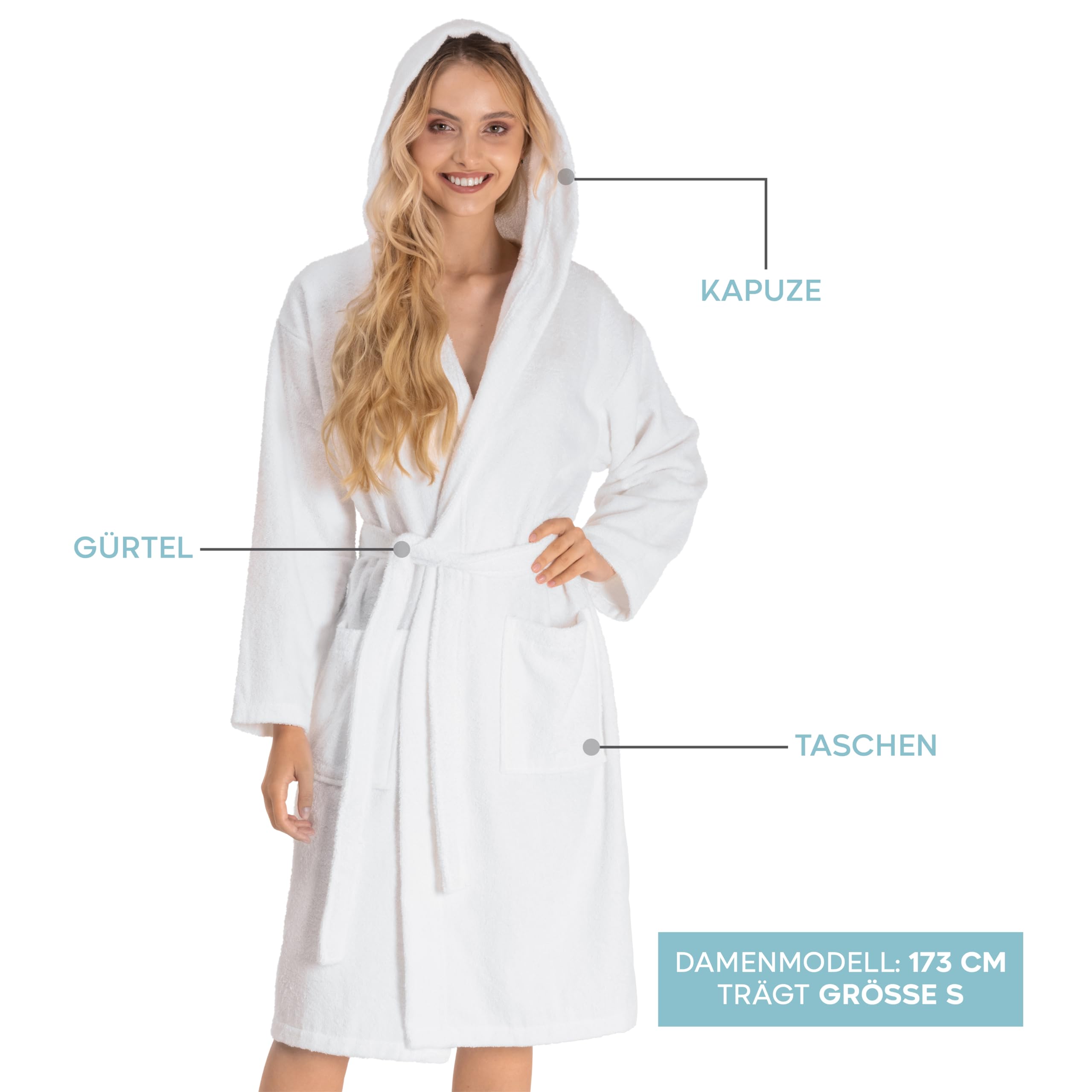 Twinzen Bademantel Damen - 100% Baumwolle OEKO-TEX® Zertifiziert - XS, S, M, L, XL - Morgenmantel Damen mit Kapuze, 2 Taschen, Gürtel