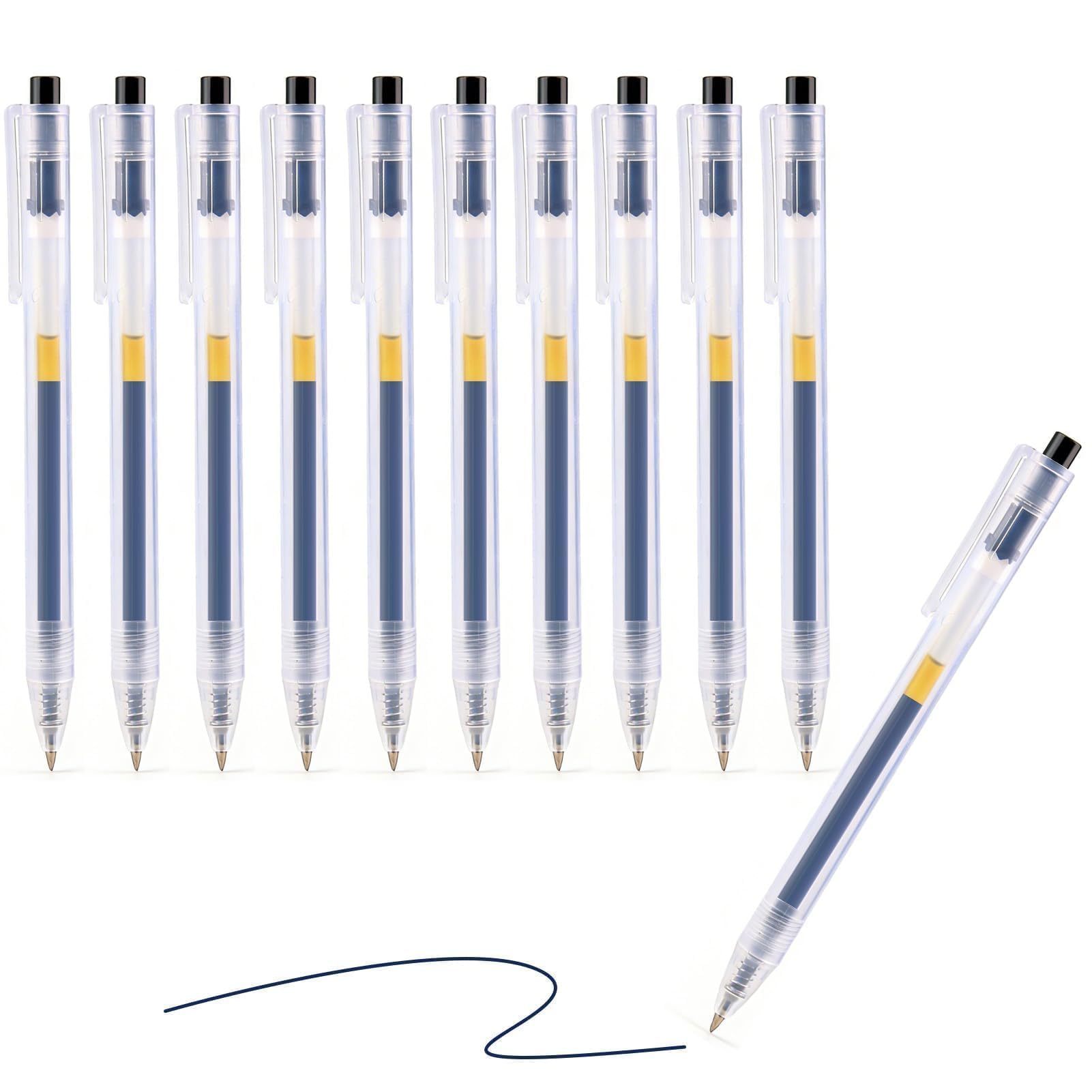 Pack de 10 Bolígrafos de Gel Negros 0,5 mm Retráctiles con Tinta Fluida, Punta Fina de Precisión Cuerpo Transparente Ergonómico con Clip Resistente para Oficina Escuela y Escritura Diaria