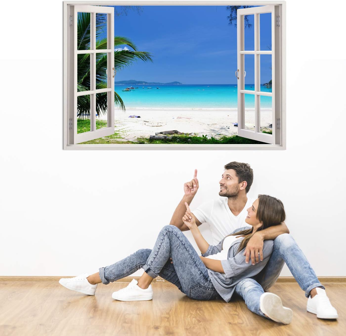 Realistic Window Wall Decal – Peel and Stick Nautical Decor for Living Room, Bedroom, Office, Playroom – Beach Wall Murals Removable Window Frame Style Ocean Wall Art – Vinyl Poster Wall Stickers