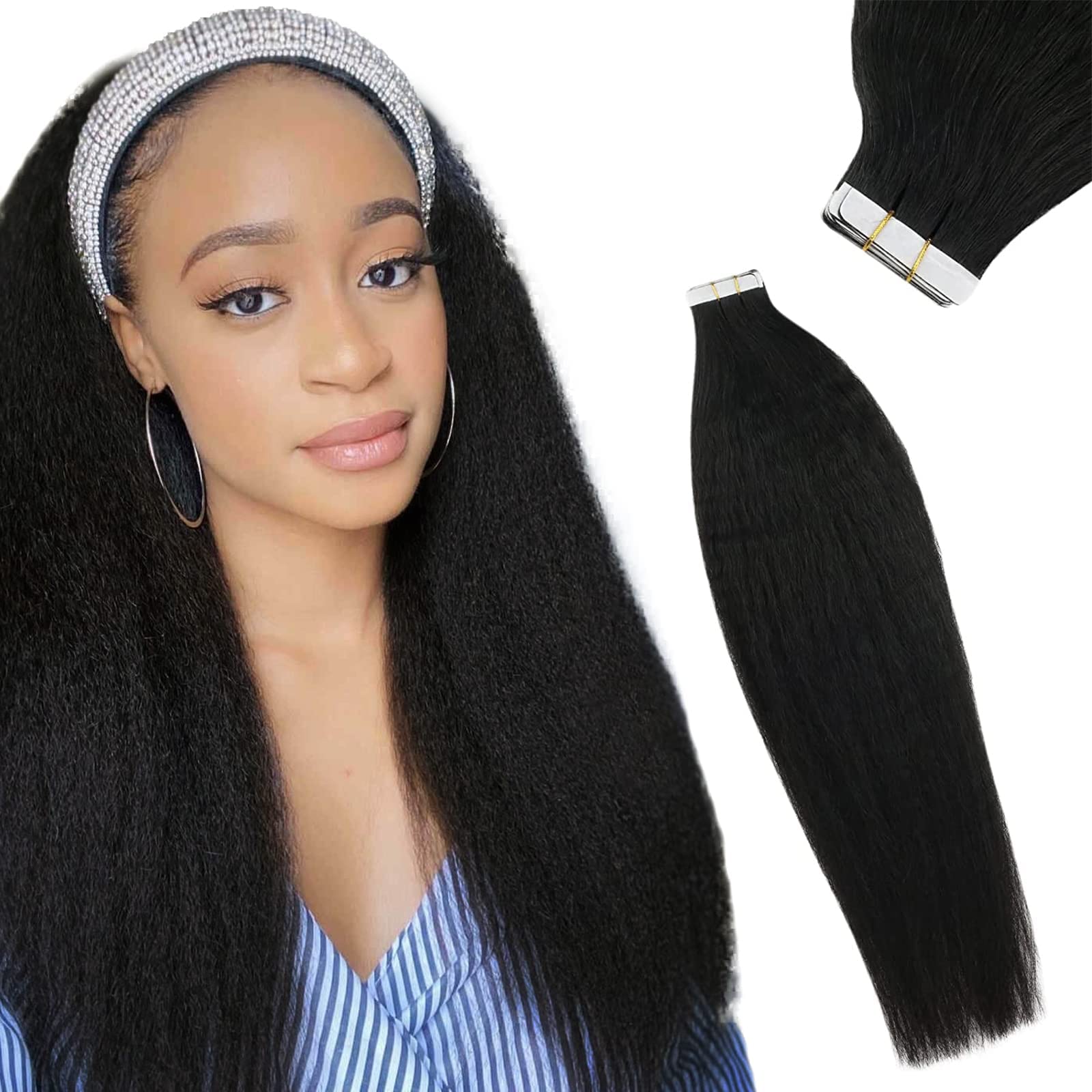 Sunny HairKinky Straight Tape in Hair Extensions Human Hair Yaki Tape in Hair Extensions 50G Black Tape in Hair Extensions Kinky Straight Tape in Hair Extensions for Black Women 16Inch