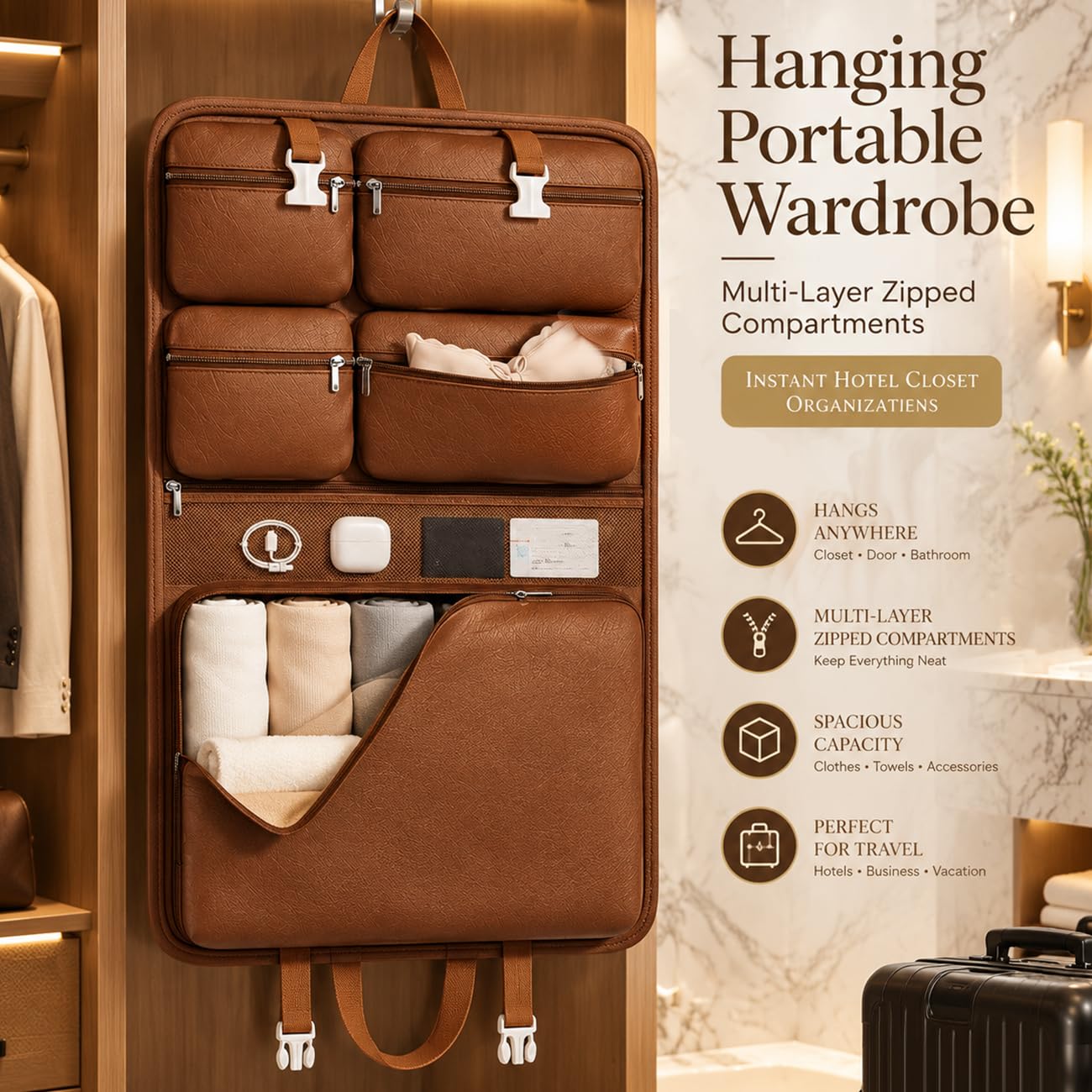 Organizador De Maleta De Viaje Colgante con Asa para Trolley, Bolsa Plegable Grande, Bolsas para Maletas Organizadoras para Equipaje Brown,45 * 75cm