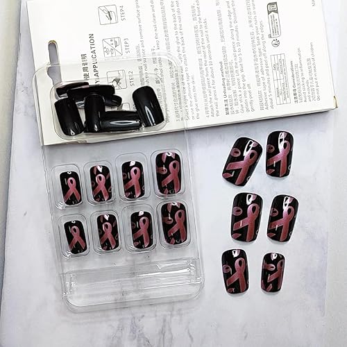 Miniatura 9 de Uñas postizas a presión para concientización sobre el cáncer de mama, uñas postizas cortas cuadradas rosadas, diseño de cáncer de mama, uñas