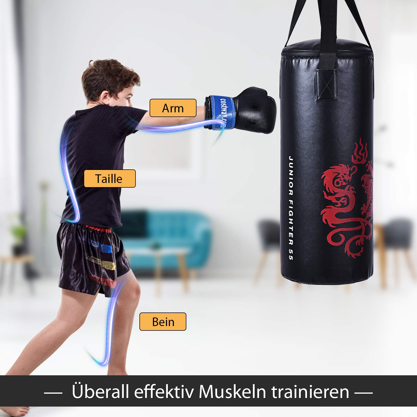 COSTWAY 10KG/20KG Boxsack-Set mit Boxhandschuhen und Springseil, Punchingsack für Kinder Erwachsene, Punching Bag, Boxing Bag inkl. Deckenhaken zur Montage für MMA, Kickboxen, Muay Thai, Taekwondo