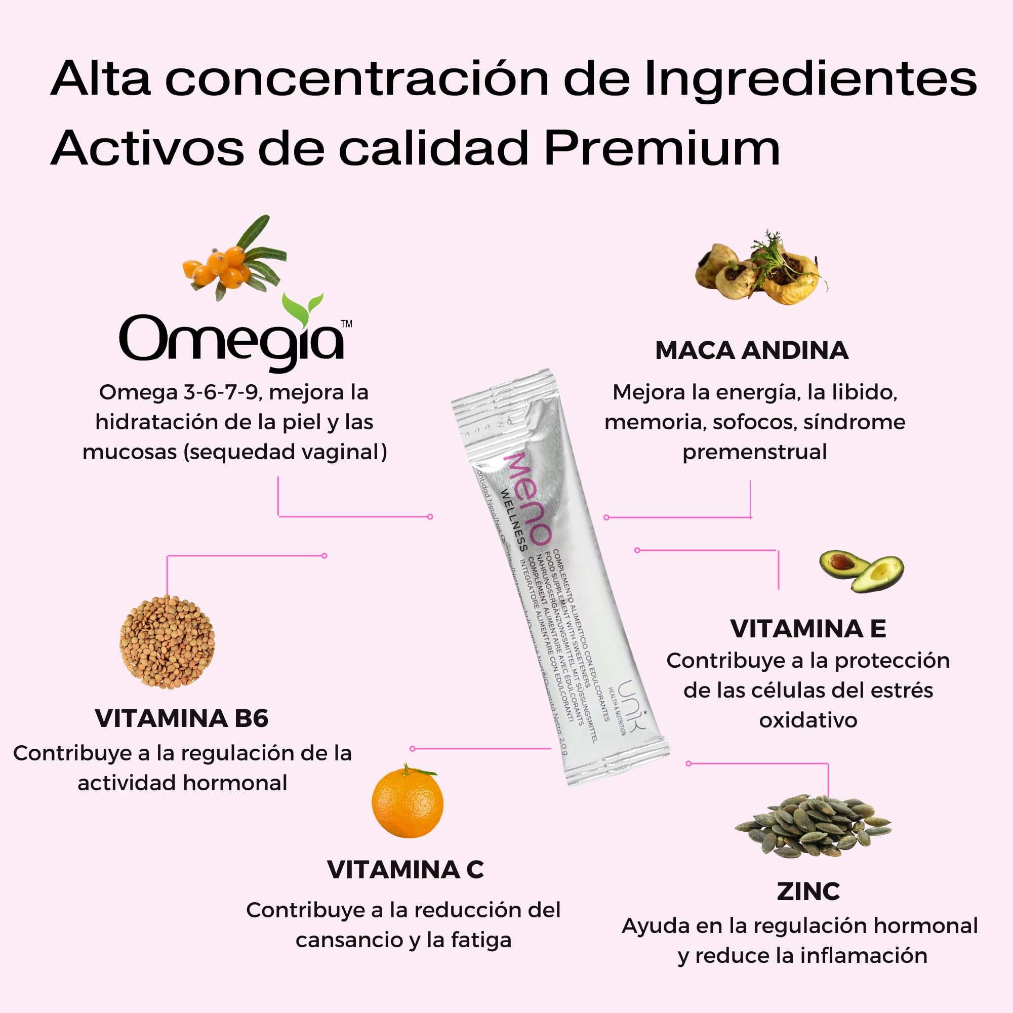 Suplemento Menopausia Sofocos Perimenopausia Premenopausia – Maca Andina Espino Amarillo OMEGIA™ Zinc Vitamina B6 C E – Regulador Hormonal Mujer – Ayuda al Libido Energía – 28 Sticks