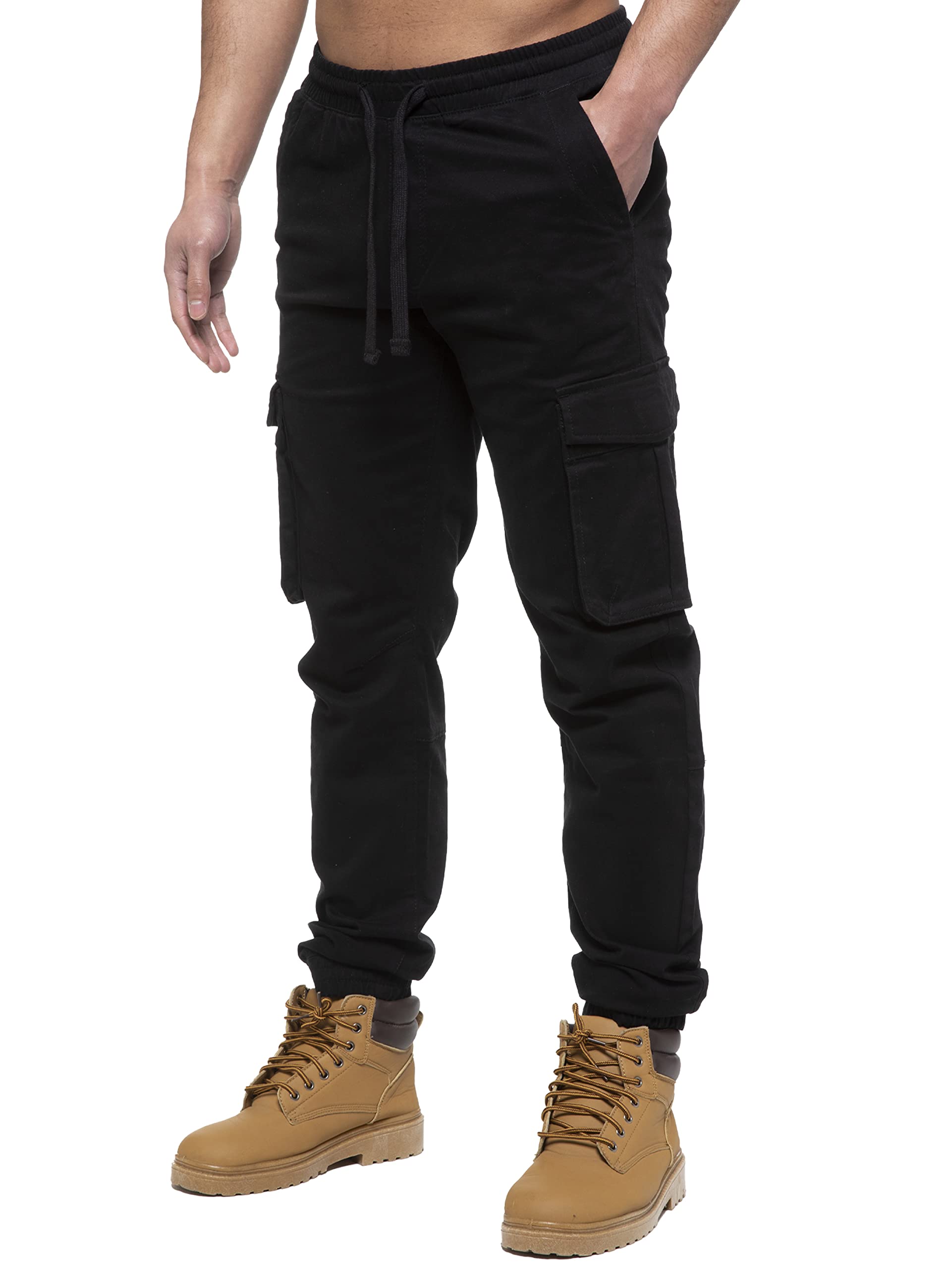 989Zé Enzo Men's Black Cargo Combat Jeans Elasticated Waist Cuffed Trousers Joggers Ez427 32