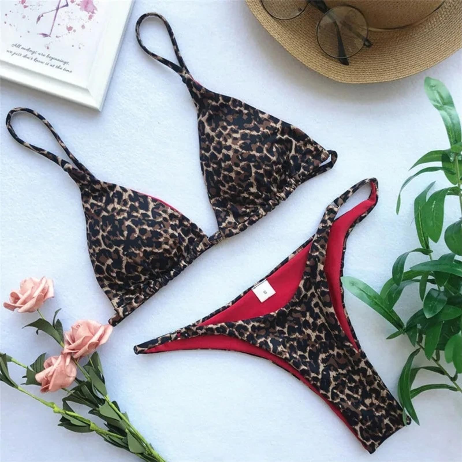 Bikini Mujer Mujeres Leopardo Impresión Set Acolchado Triángulo Top Tanga Baño Ropa De Playa-Leopard-s