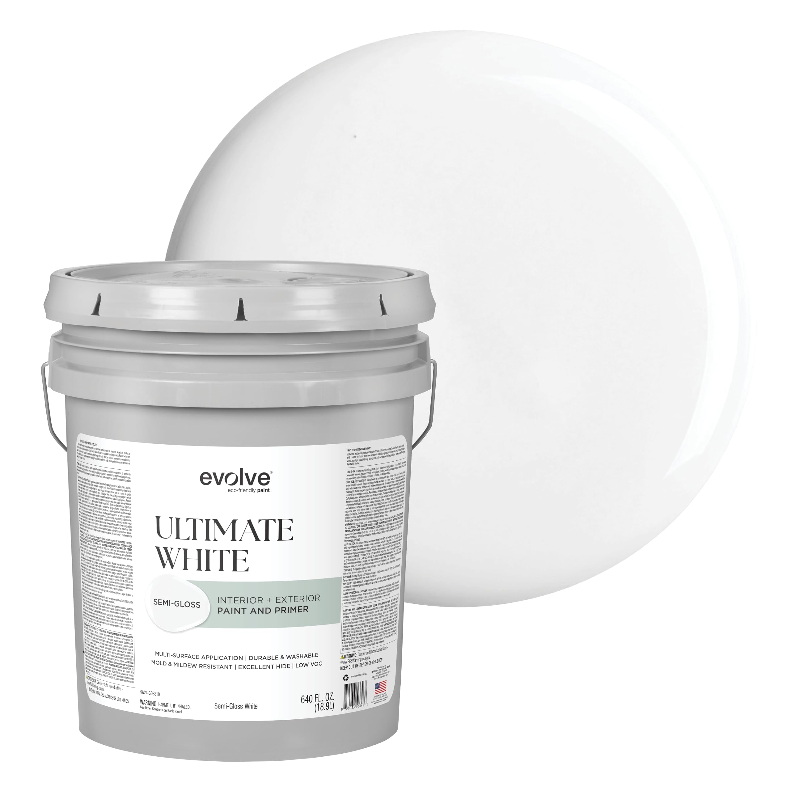 Ultimate White Paint & Primer in One, Semi-Gloss White, 5 Gallon – Interior & Exterior, One-Coat Coverage, Excellent Hide, Low Odor, Low VOC, Washable Paint for Walls, Ceilings & Trim