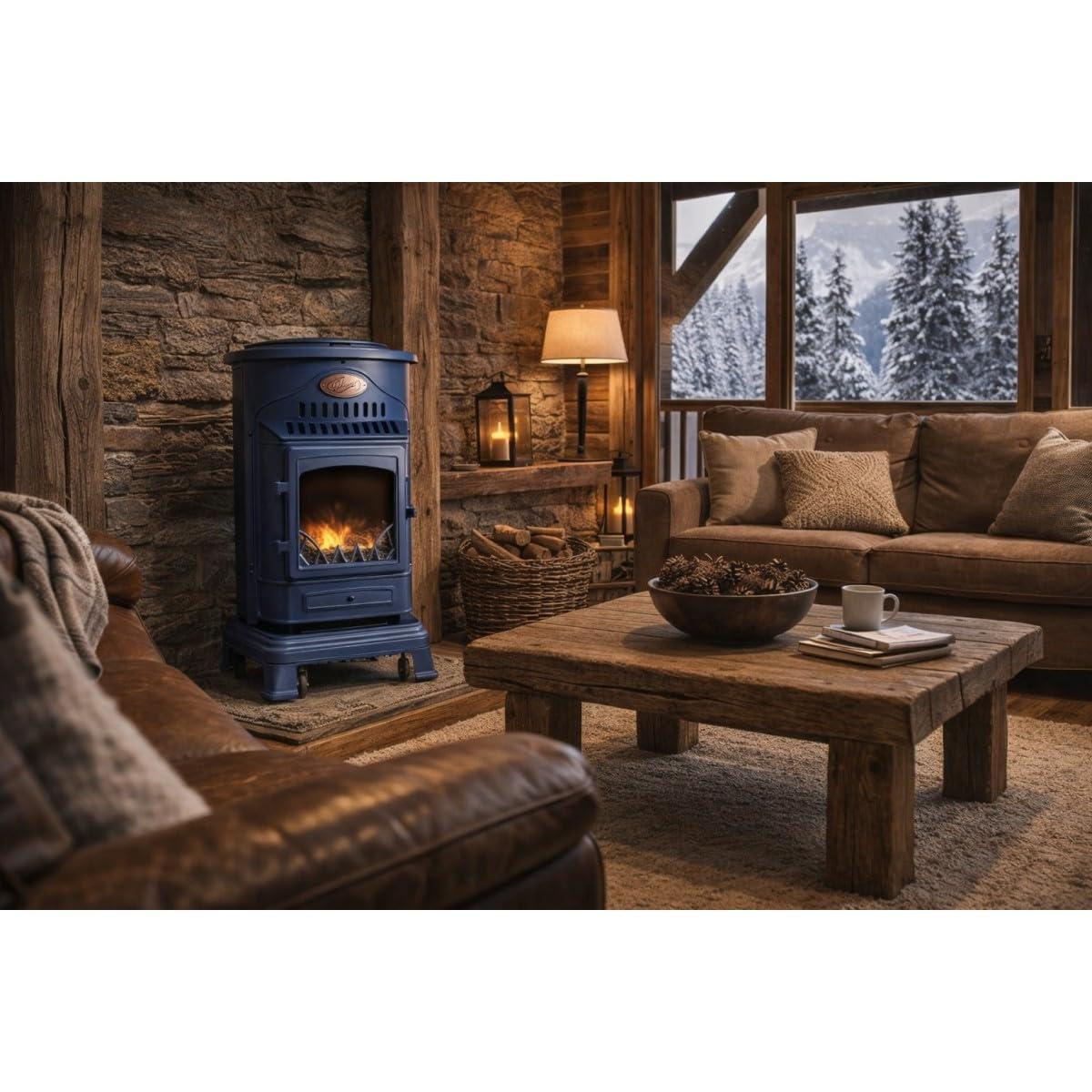 Sahara - Poêle à gaz Provence 3,4kW Bleu Saphir Mat Effet poêle à Bois Fonte véritable Chauffage d'appoint + Tuyau gaz et détendeur