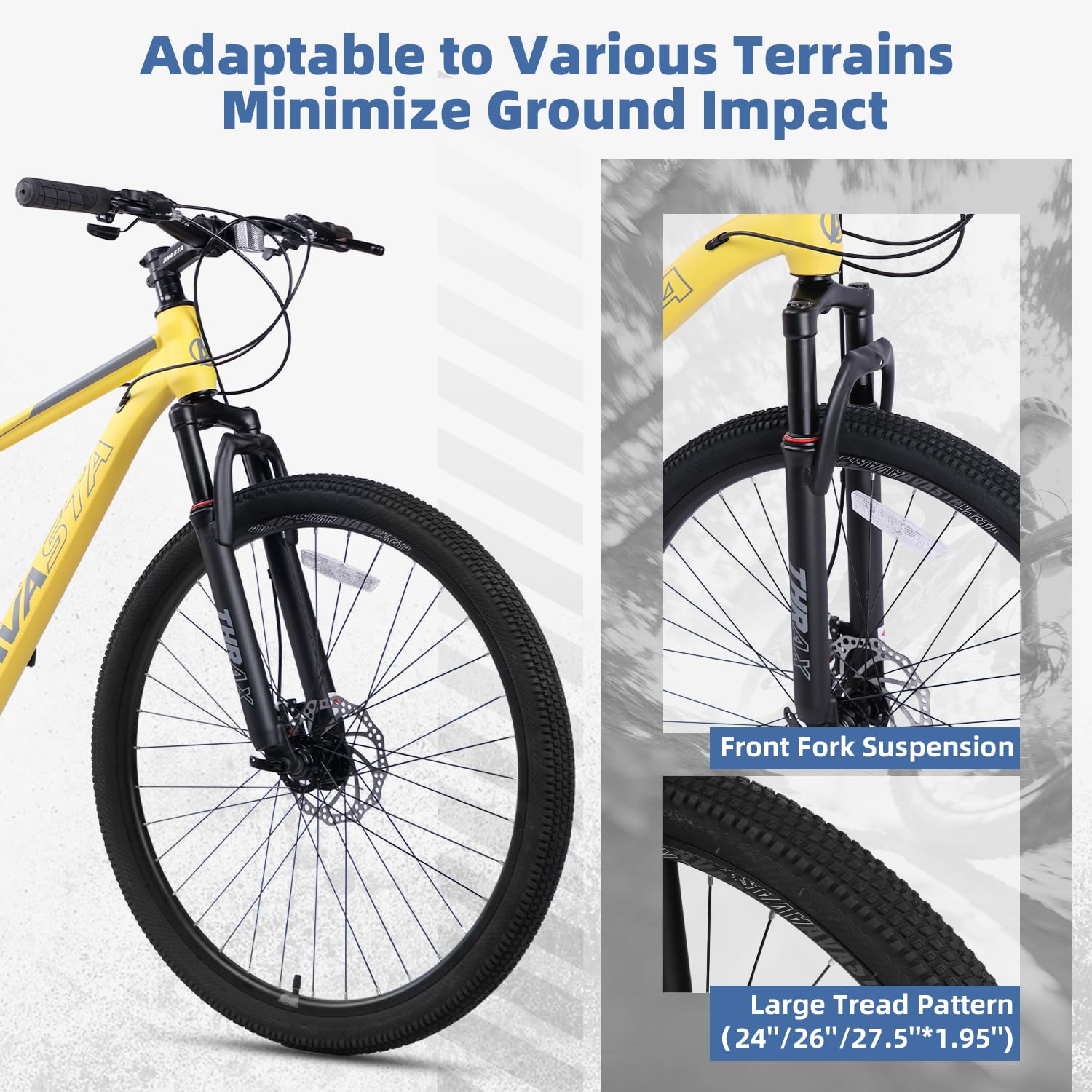 AVASTA VTT 26/27,5" pour homme et femme adulte avec cadre en acier haute résistance et freins à double disque, suspension de roue avant, dérailleur 21 vitesses, câbles de frein cachés