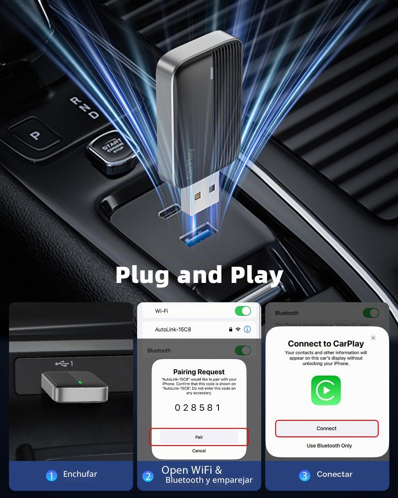 Moko Adaptador CarPlay Inalámbrico Compatible con Apple iPhone | Mini Adaptador CarPlay Inalámbrico Para iOS 10+ Y Vehículos Con CarPlay, Conexión Rápida, Control Estable, Sin Retraso