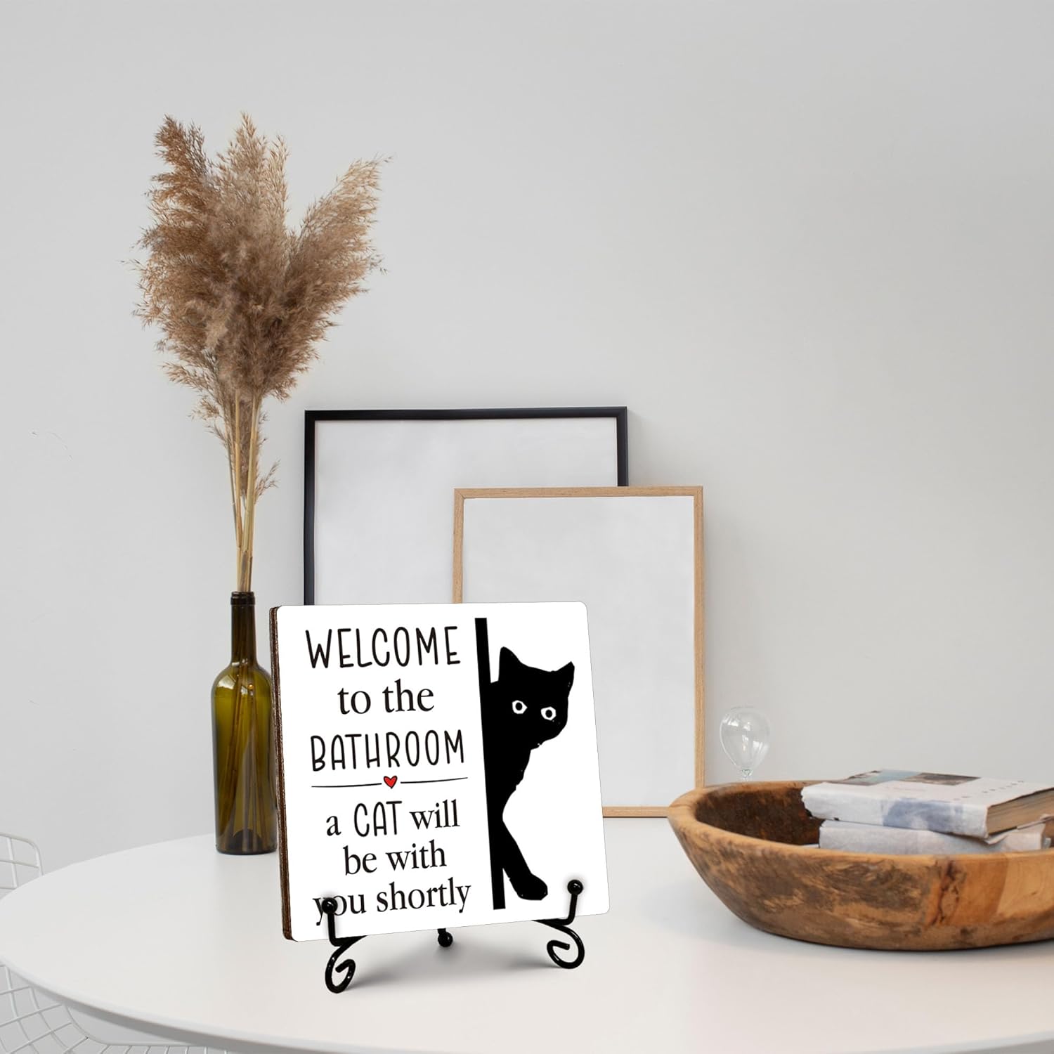 Black Cat Bathroom Decor, Welcome to the Bathroom Wooden Sign, Humorous Black Cat Wood Signs for Restroom Toilet Counter Shelf, Home Rustic Farmhouse Bathrooms Decoration, 5"x5"-C14 - Image 4