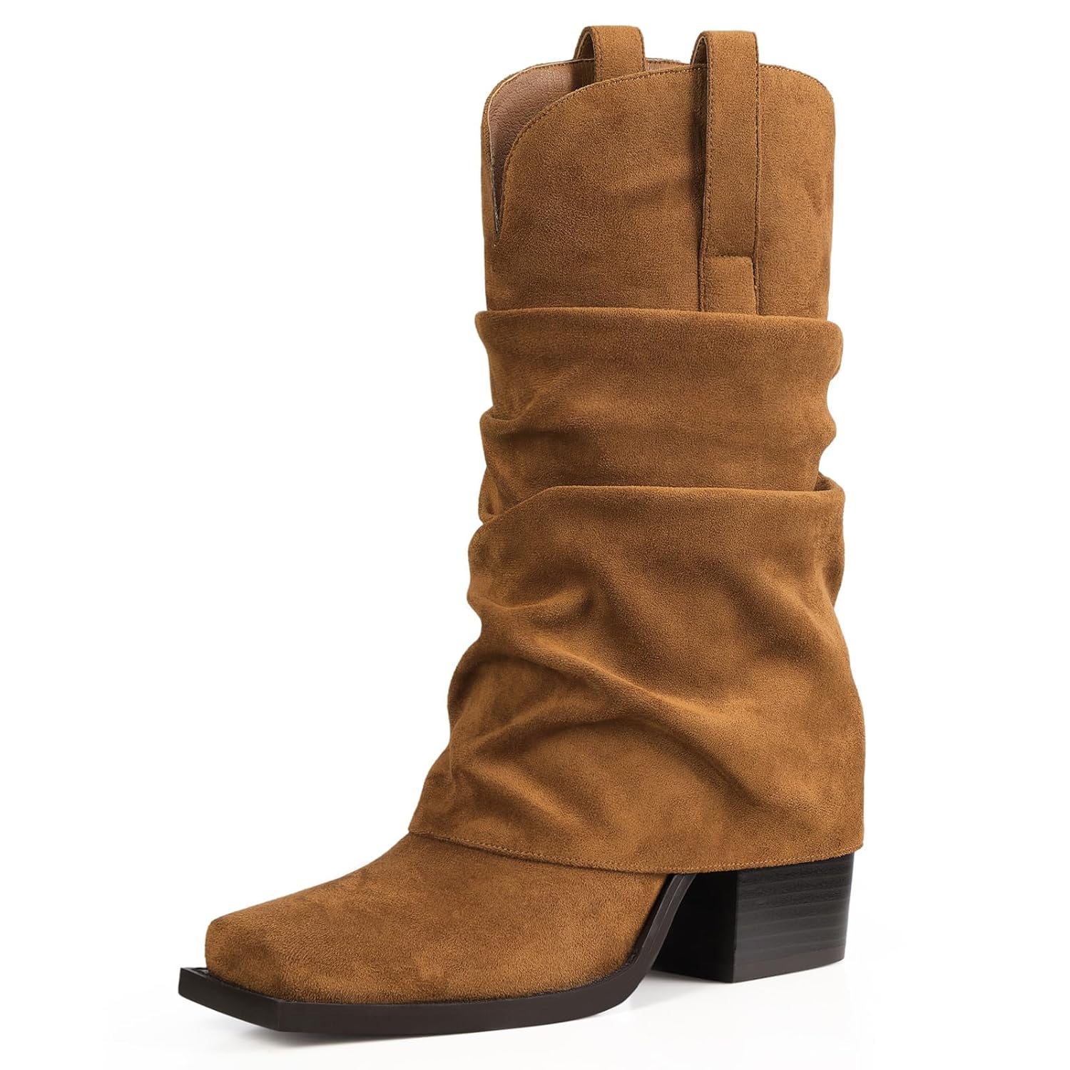 Cowboy Boots for Women Cowgirl Boots Mid Calf Square Toe Fold Over Chunky Heel Slouchy Suede Boots