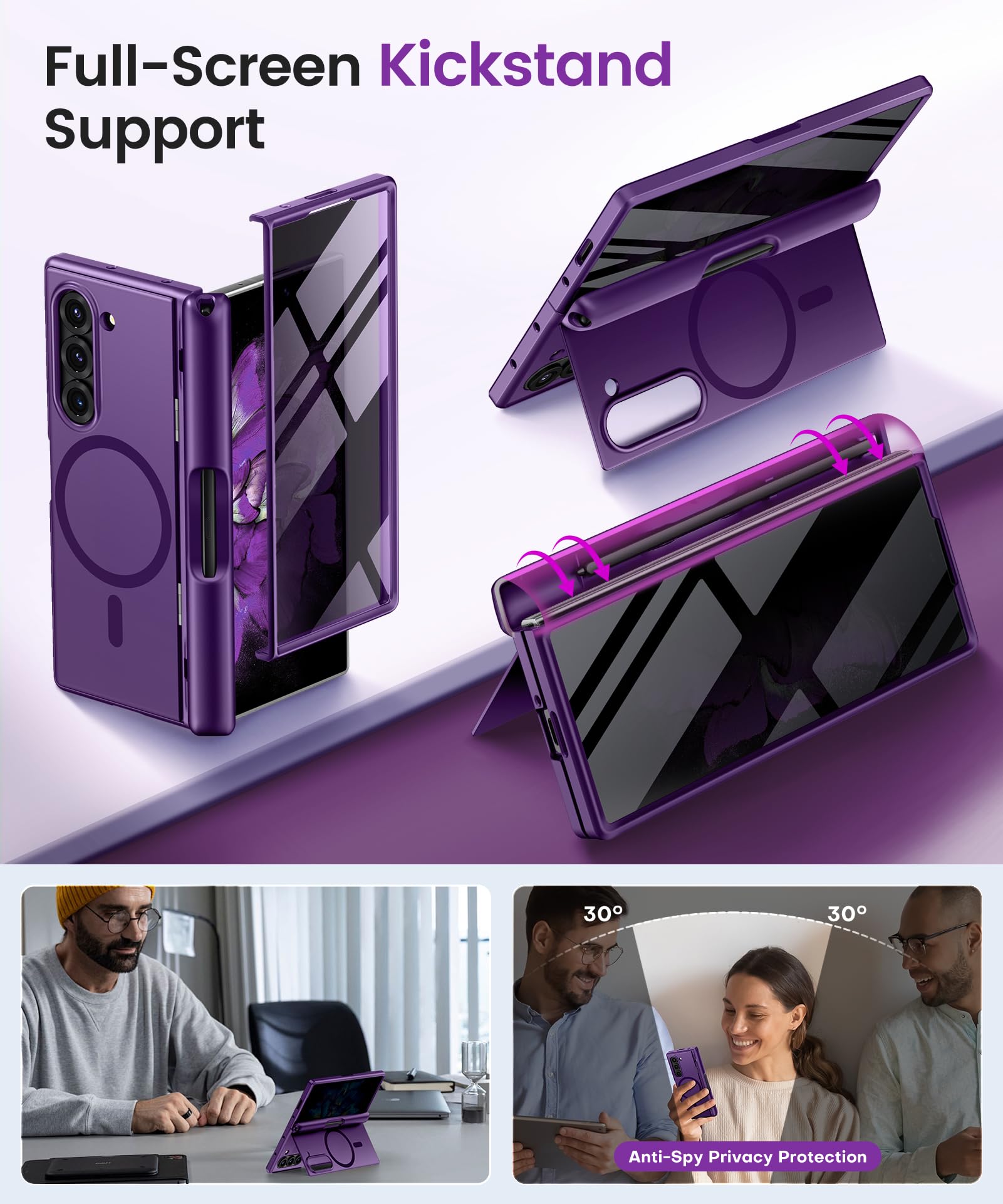 BERFY Custodia per Z Fold 6 con pellicola protettiva per lo schermo della privacy, compatibile con MagSafe] [Anti Spy] Portapenne S integrato e cavalletto, custodia antiurto integrale per Samsung
