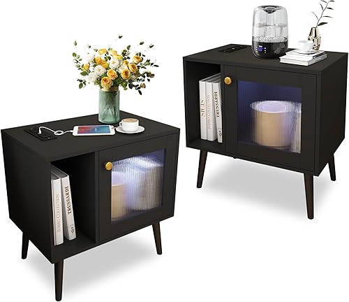 Juego de 2 mesitas de noche inteligentes, mesita de noche LED con estación de carga, mesa auxiliar moderna con cajón y compartimento abierto, mesita