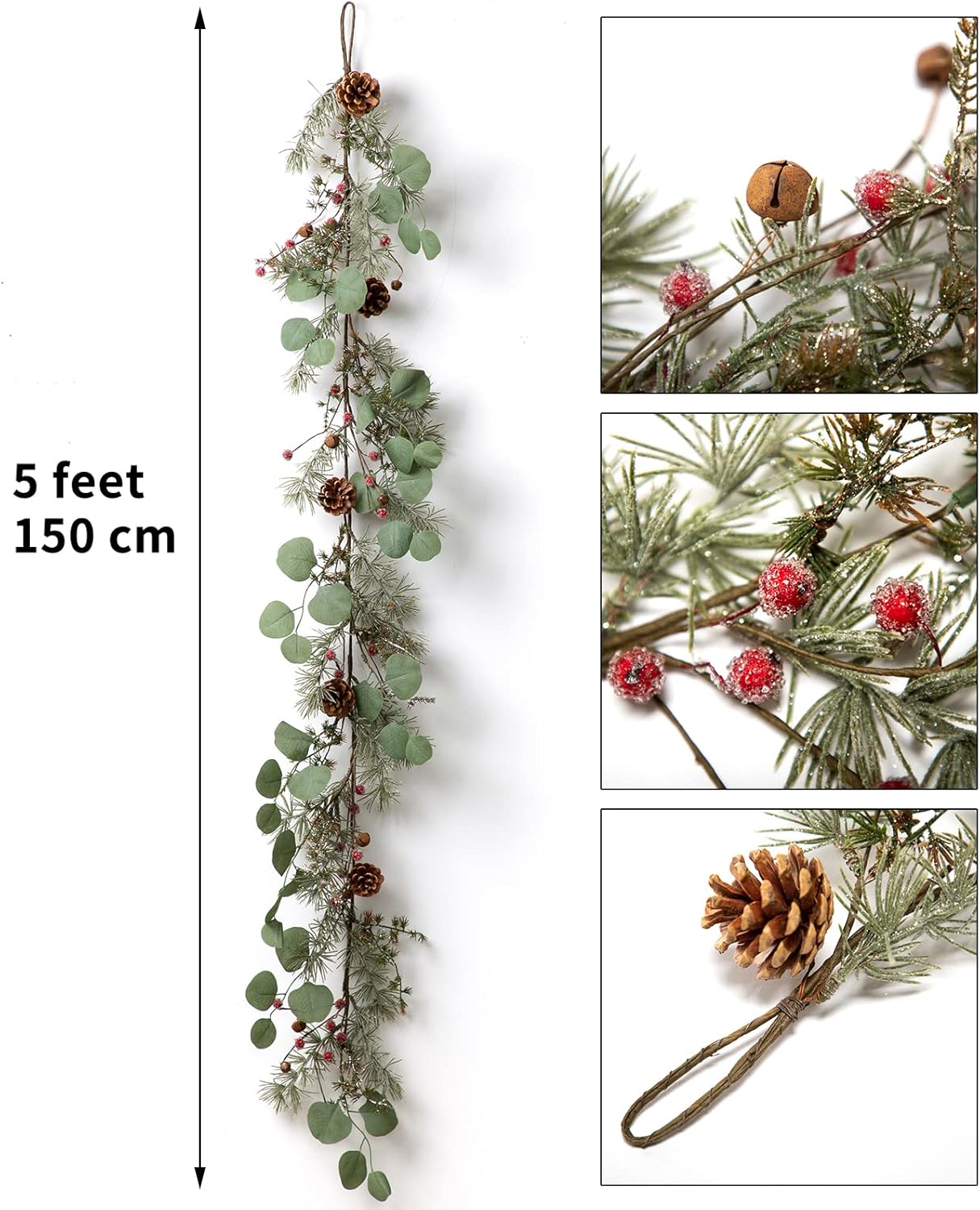 LOHASBEE Artificial Christmas Garland, 5 Feet Pine Cone Eucalyptus Garland with Snow, Red Berries, Bells Glitter for Christmas Indoor Outdoor Garden Gate Front Door Home Wall Window Stair Decor