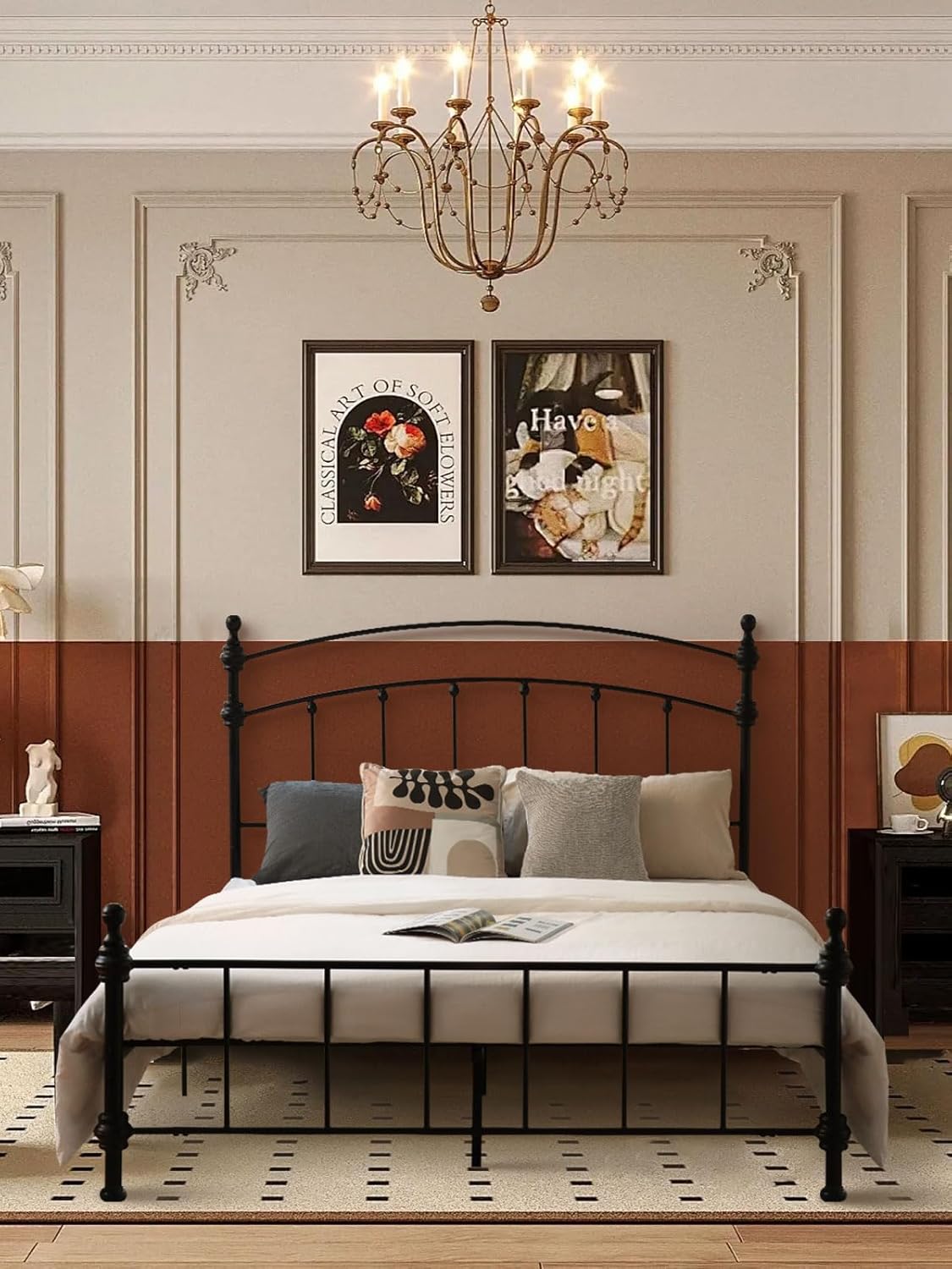 Metal Platform Bed Frame with Arched Headboard, Sturdy Heavy Duty Queen Size Bed Frames, Retro Luxury Roman Column, Easy Assembly, No Box Spring Needed, Storage Space Under-bed(Queen, Arched)