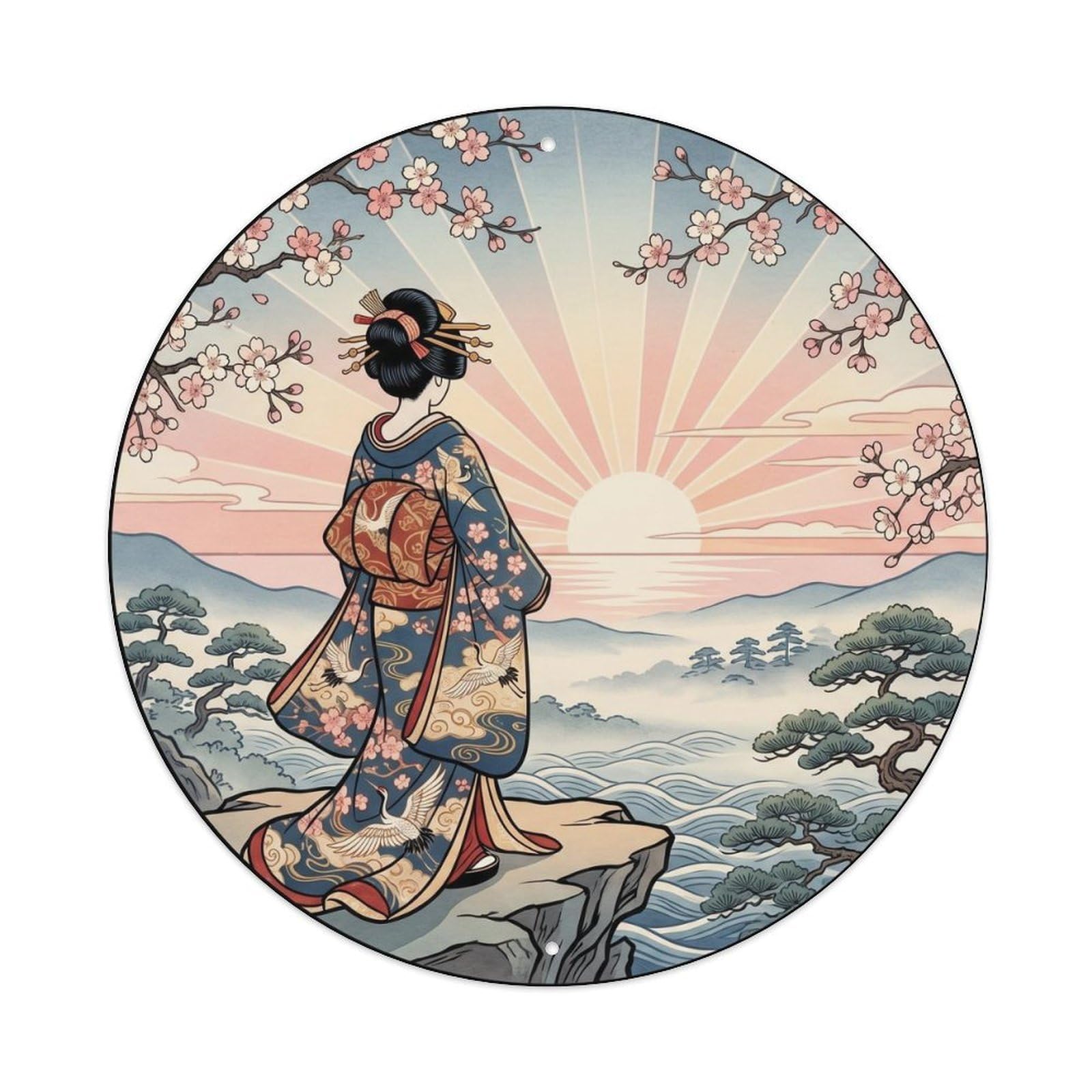 Galvaxio Style Japanese Kimono Woman Observing Dawn Breaking Horizon Metal Tin Sign
