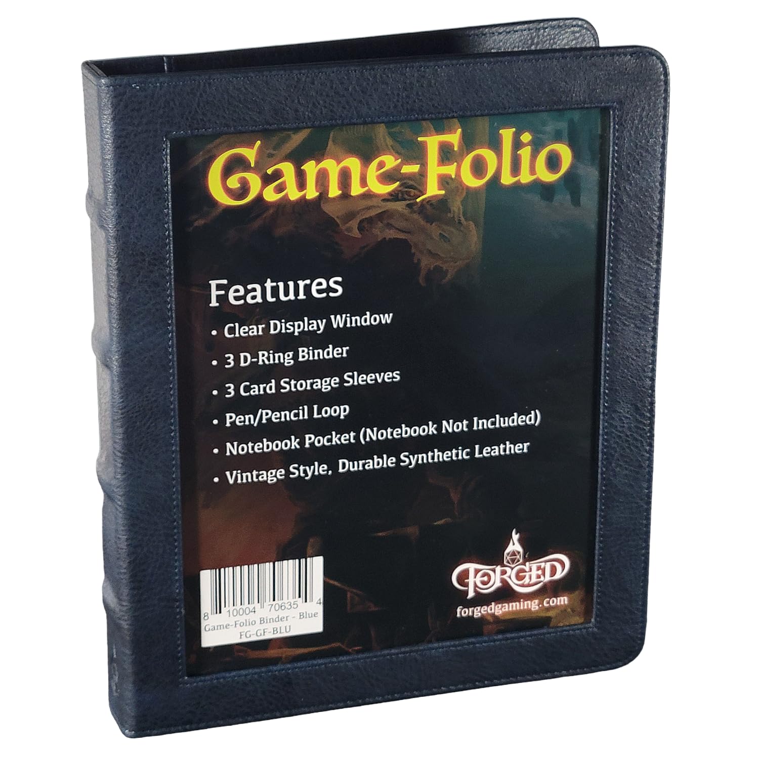 Forged Dice Co. Game-Folio PU Leather Portfolio Binder - Gaming Binder for DND Character Sheets with DND Spell Cards Organizer and Clear Front Pocket - Compatible with Dungeons and Dragons RPG - Blue