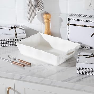 Sweejar Casserole Dishes for Oven, Ceramic Bakeware Set of 3, Rectangular Baking dish with Handles, Wave Edge Lasagna Pan Deep for Cooking, Cake, Dinner, Banquet and Daily Use (Baking dish(Set of 1), White New)