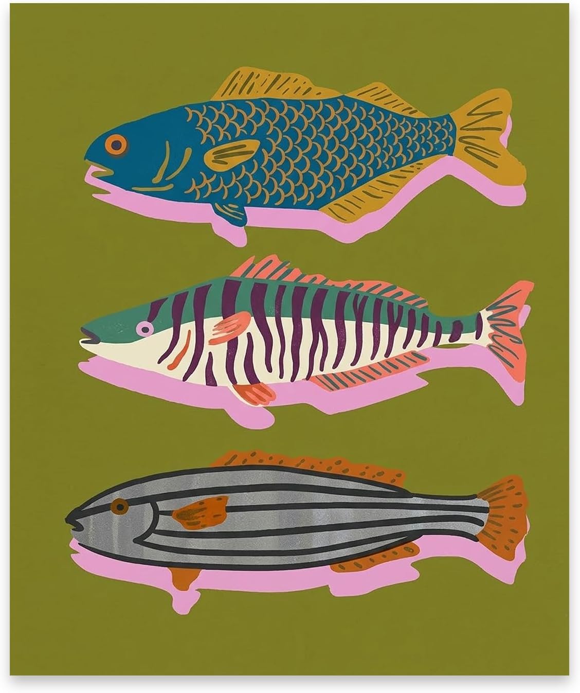 FOPENEM Vintage Olive Green Fish Diamond Painting Kit for Adults Beginners 9.8x11.8 Inch, Mid Century Modern Abstract Fish Gem Diamond Painting Art Kits for Home Kitchen Wall Decor