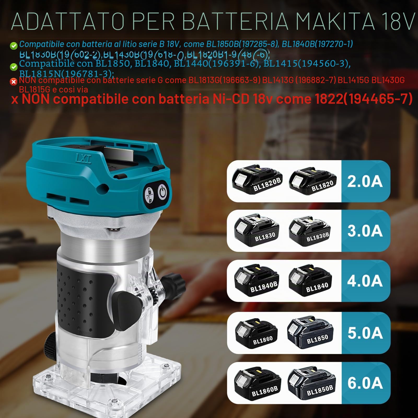 Fresa a batteria compatibile con Makita 18V batteria (senza batterie),1300W Senza Spazzole, 6 Velocità, Guida Dritta, Ruota di Guida, 2 Chiavi - Taglialegna