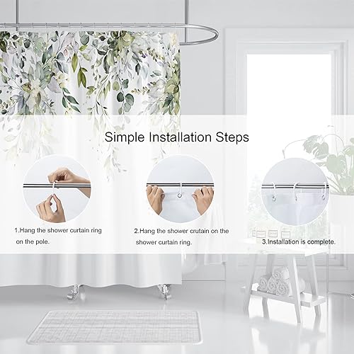 Miniatura 6 de Cortina de ducha de eucalipto verde salvia, juego de cortinas de ducha botánicas para baño, tela impermeable con 12 ganchos, 72 x 72 pulgadas