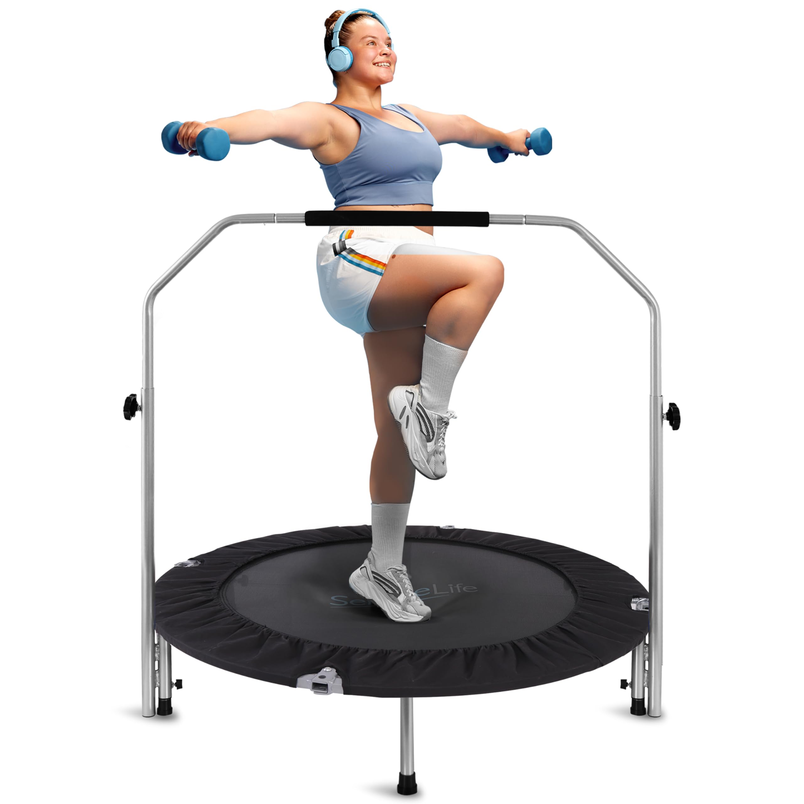 SereneLife Portable & Foldable Trampoline - 40" in-Home Mini Rebounder with Adjustable Handrail, Fitness Body Exercise