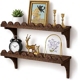 Scalloped Wood Wall Shelves, 17-Inch Wavy Rustic Floating Shelves, Set of 2 | Solid Wood, Easy to Install, Beaded Decors, 2-way Assembly, Holds Max 15lbs, for Living Room, Bedroom, Bathroom, Home Decor