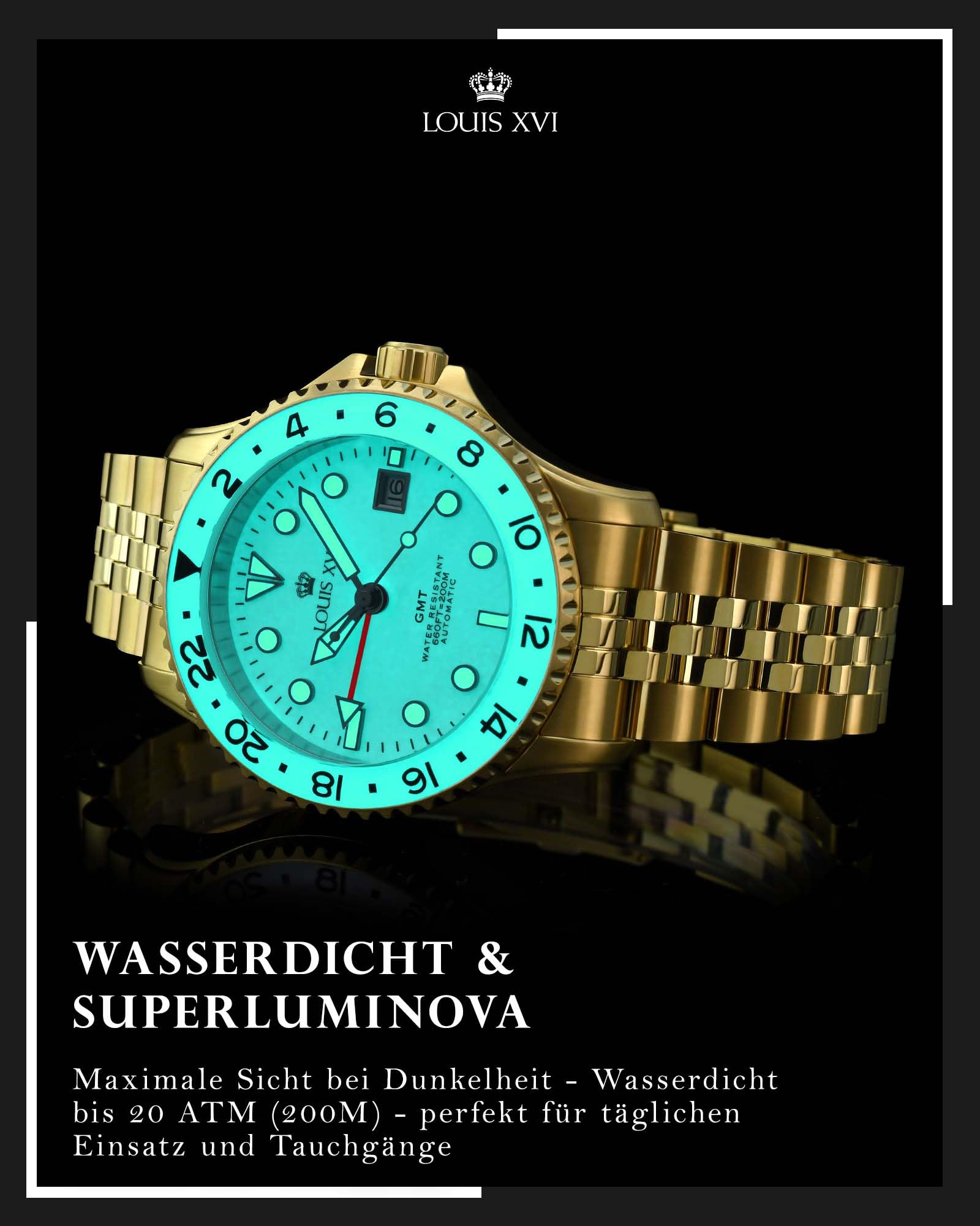 LOUIS XVI Mirabeau GMT 1431 - Ø 41 mm - Herren Uhr - Wasserdicht - Uhr mit Saphirglas - Armband Gold - Zifferblatt Weiss - Automatikuhr