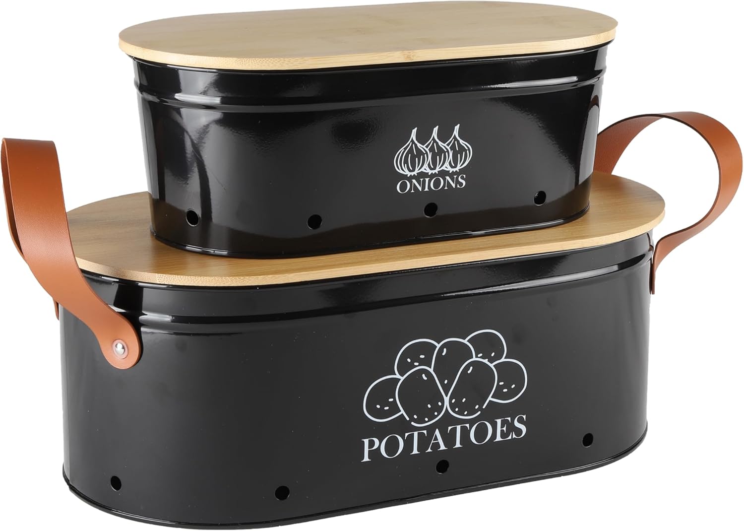Semilar Potato and Onion Storage Bin, Metal Vegetable Storage with Bamboo Lid & Handle, Potato Bin Onion Holder with Aerating Holes, Kitchen Pantry Storage Bin for Vegetable Produce Fruits - Black