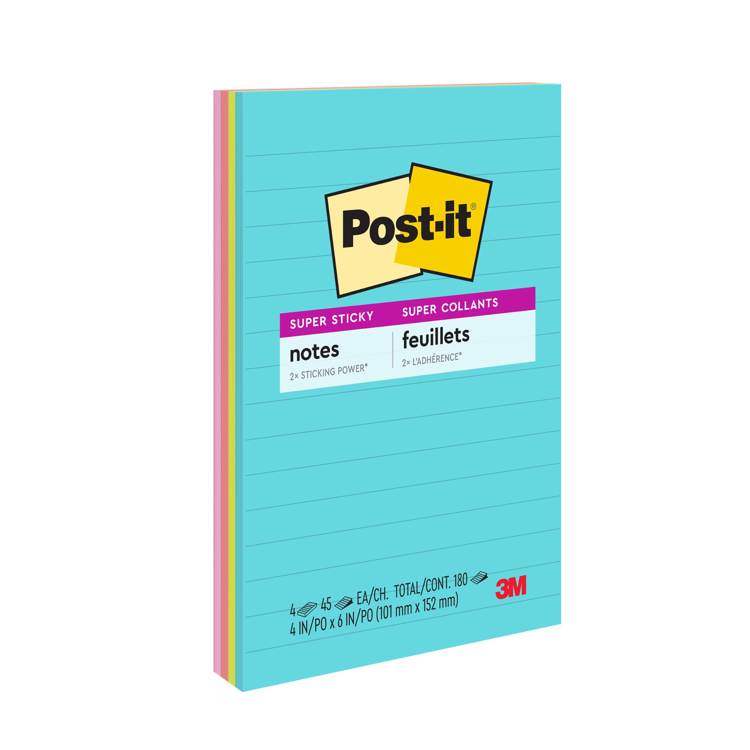 Post-It Super Sticky Notes, 4 in x 6 in, Marrakesh Collection, Lined, 4 Pads/Pack Verde, Porpora, Rosso 45fogli Pouch autoadesiva