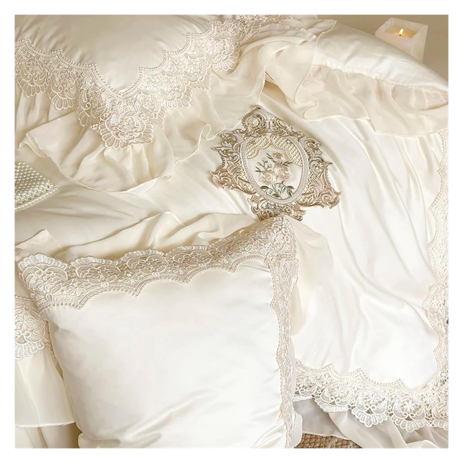 Parure de lit coton 1000 fils housse de couette dentelle volants drap doux rose