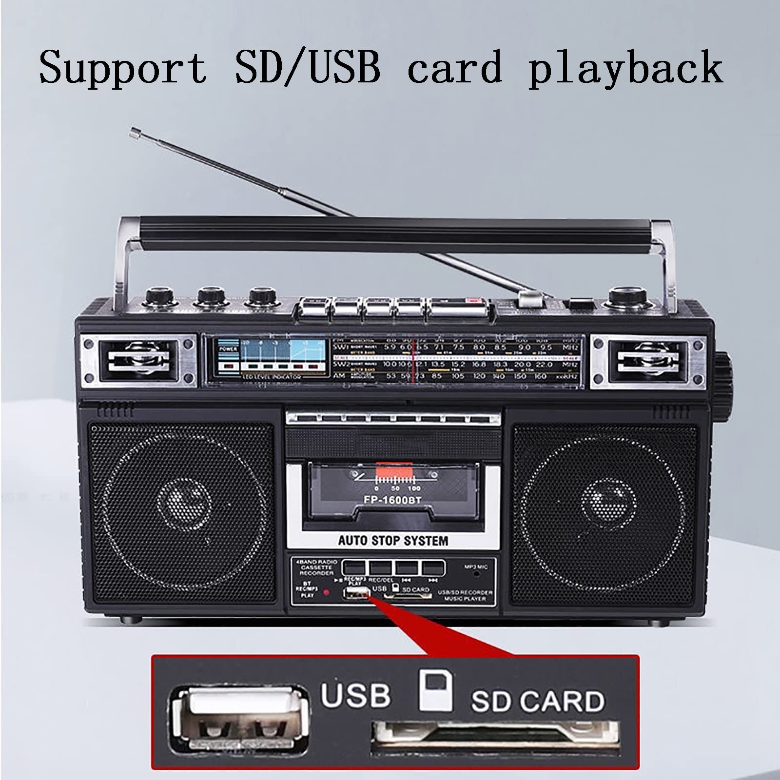 Retro magnetofon, przenośny odtwarzacz kasetowy, obsługa funkcji Bluetooth | Nagrywanie i odtwarzanie na taśmie | 3-pasmowy sygnał radiowy, jakość dźwięku HD