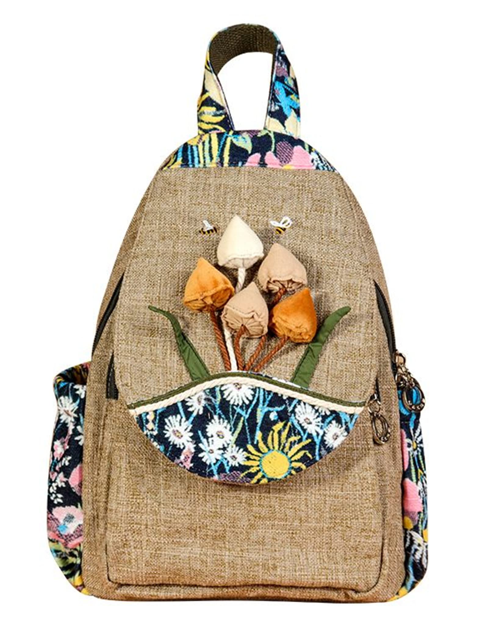 Bolso tipo mochila para mujer, estilo bohemio, convertible, pequeño, con diseño de hongos y tejido, hippie, Marrón oscuro, middle-sized, Mochilas de mochila